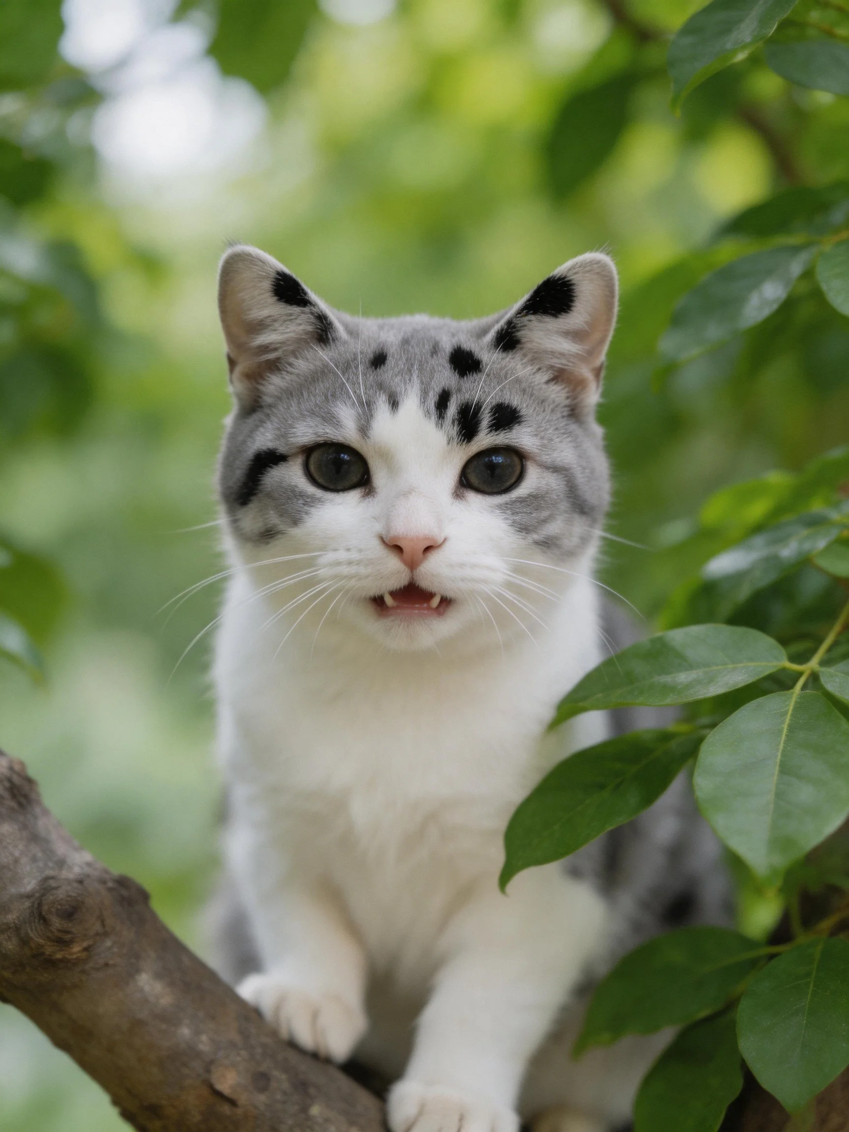 A gray and white spotted cat on a tree branch with green foliage