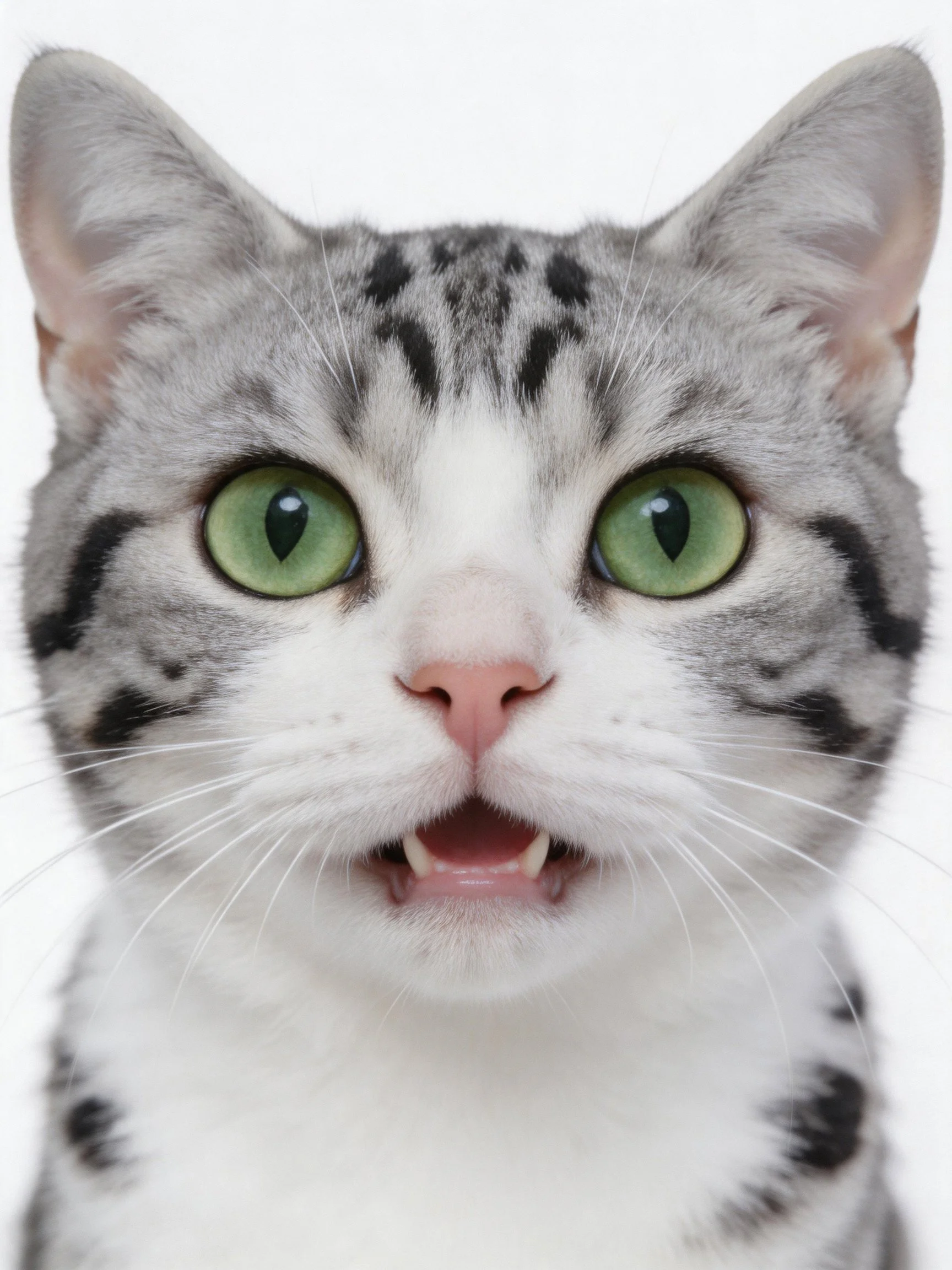 A gray and white spotted cat with bright green eyes has its mouth open