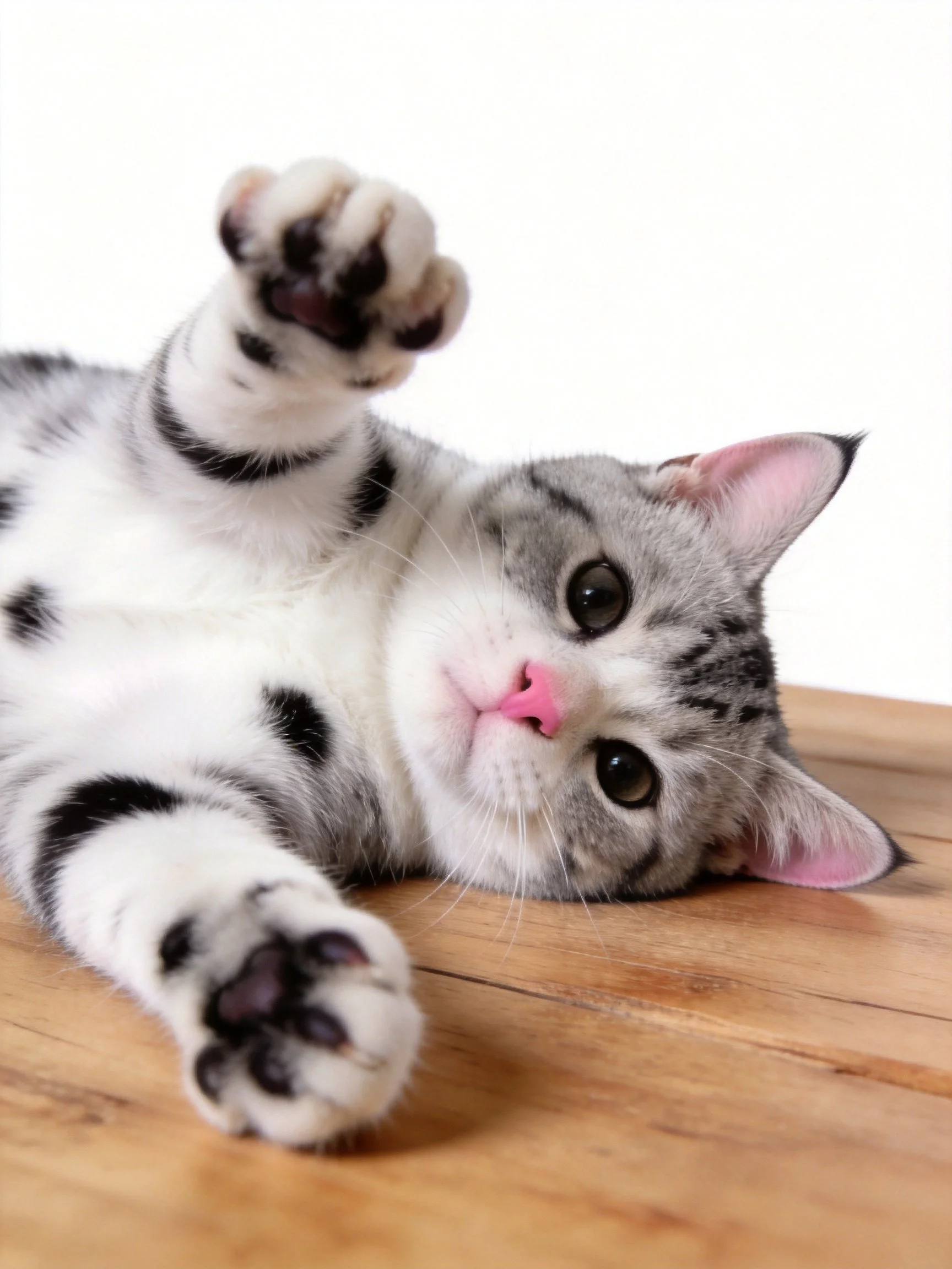 A gray and white spotted kitten plays on a wooden surface.