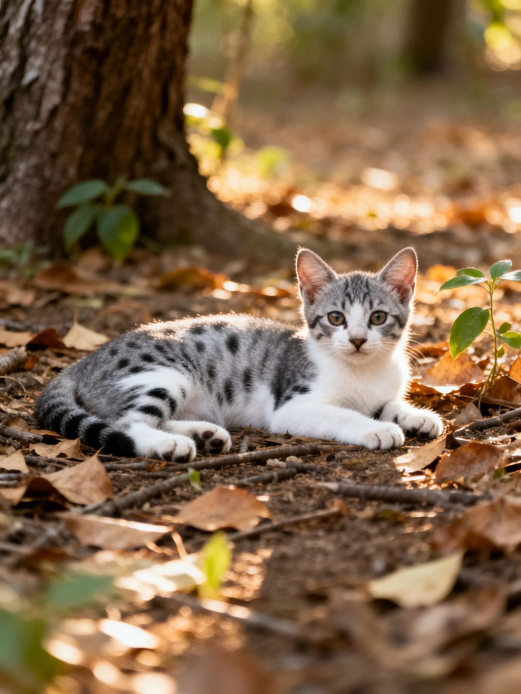 A gray and white spotted kitten relaxes among autumn leaves near a tree