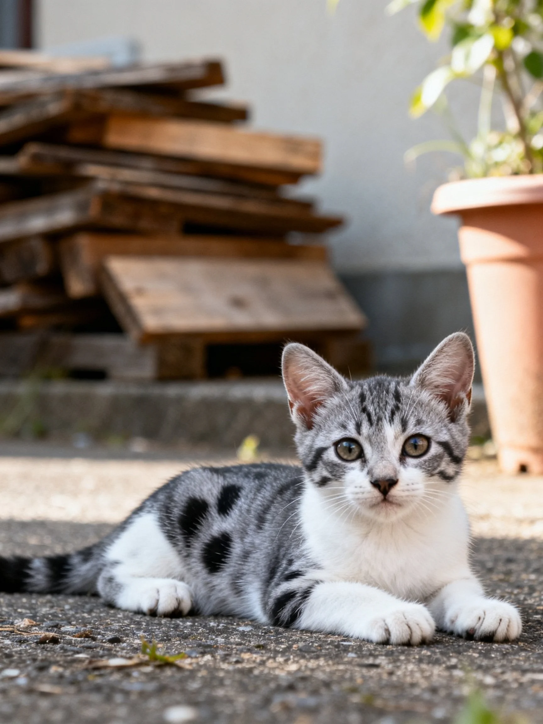 A gray and white spotted kitten lies outdoors near stacked wooden planks.