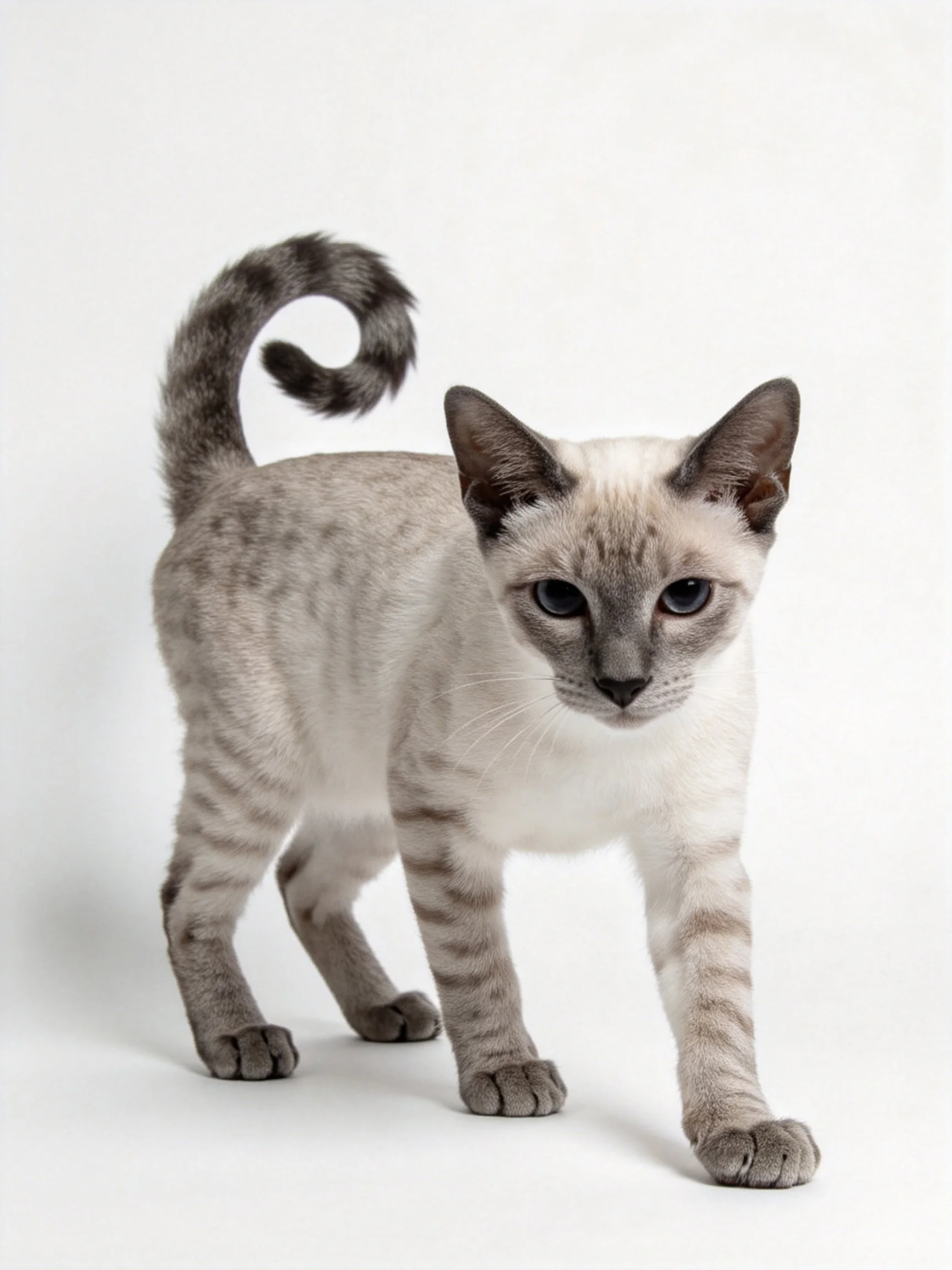 A gray and white spotted kitten with a curled tail