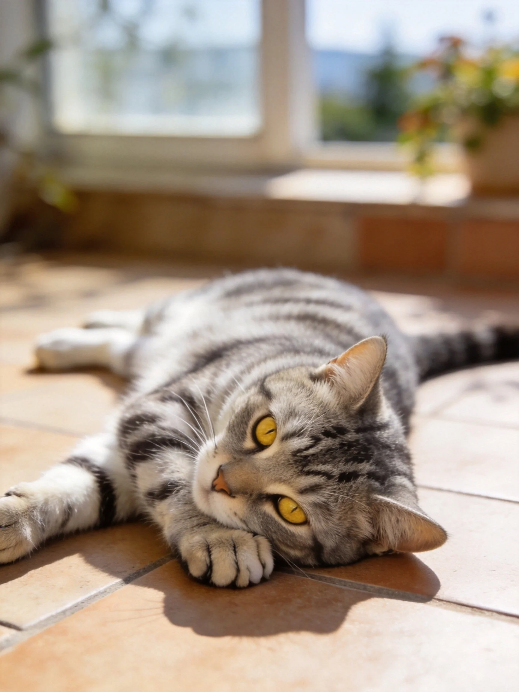 A gray and white striped cat relaxes on tiled flooring in bright sunlight near a window.