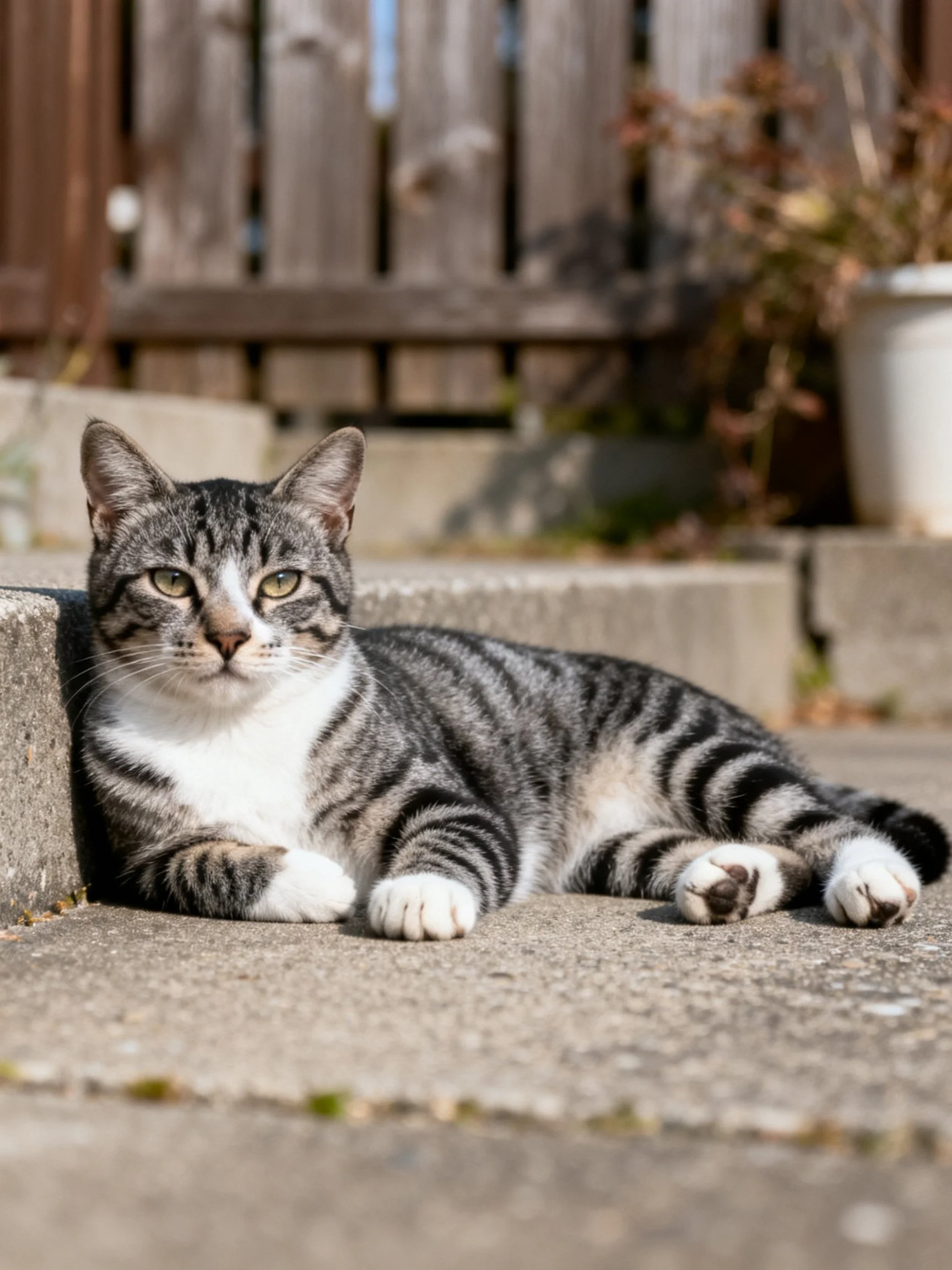 A gray and white striped cat rests on concrete beside a wooden fence.