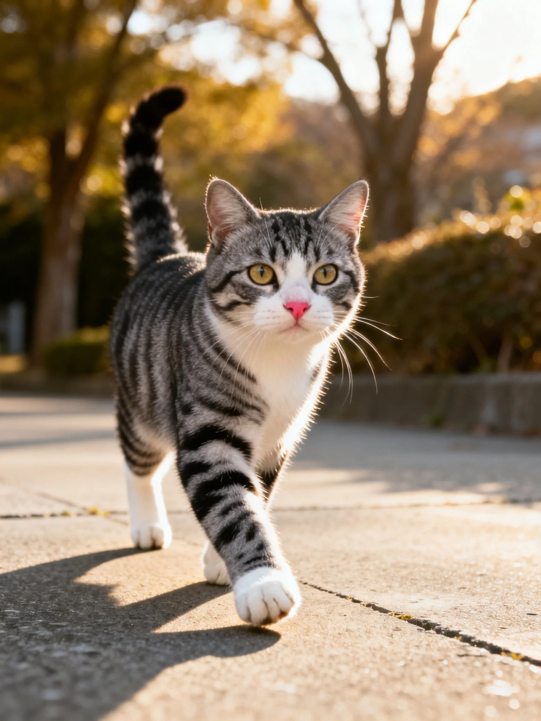 A gray and white striped cat walks on a sunlit pavement