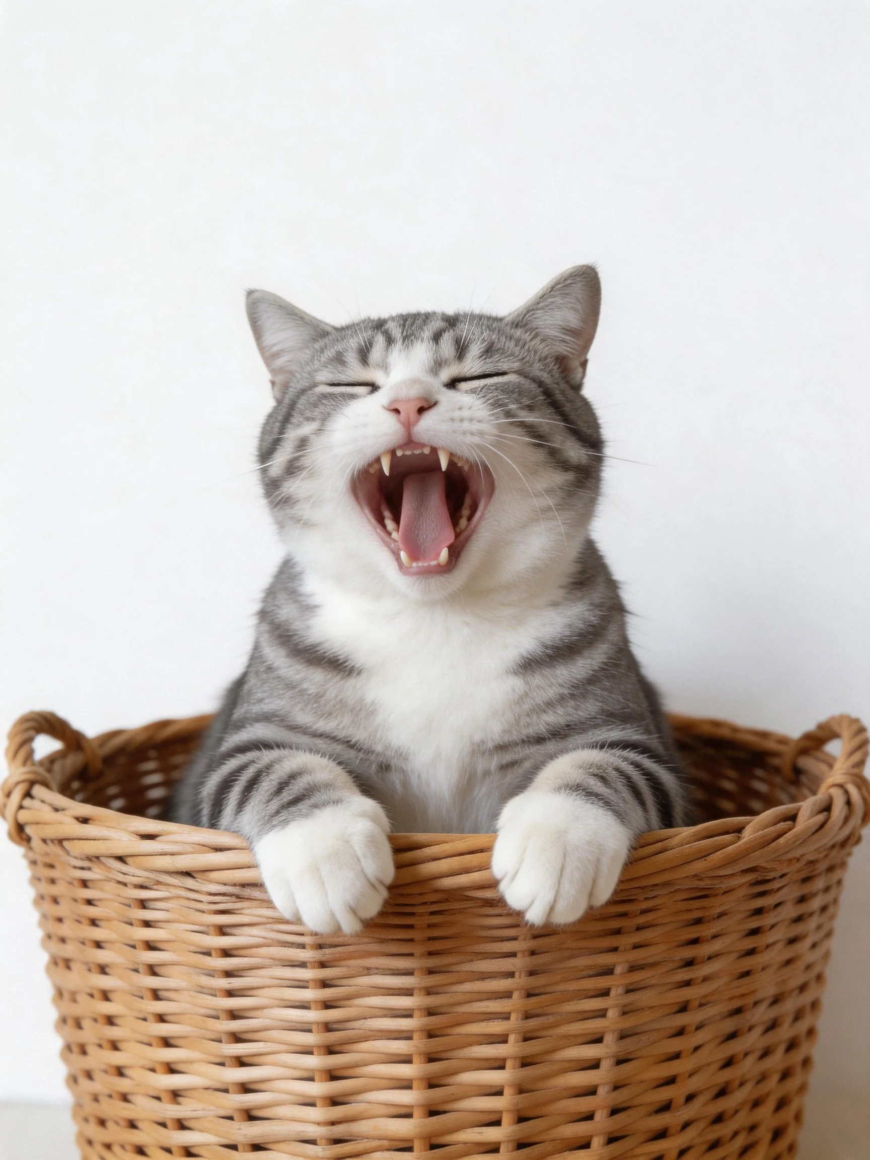 A gray and white striped cat yawning in a brown wicker basket