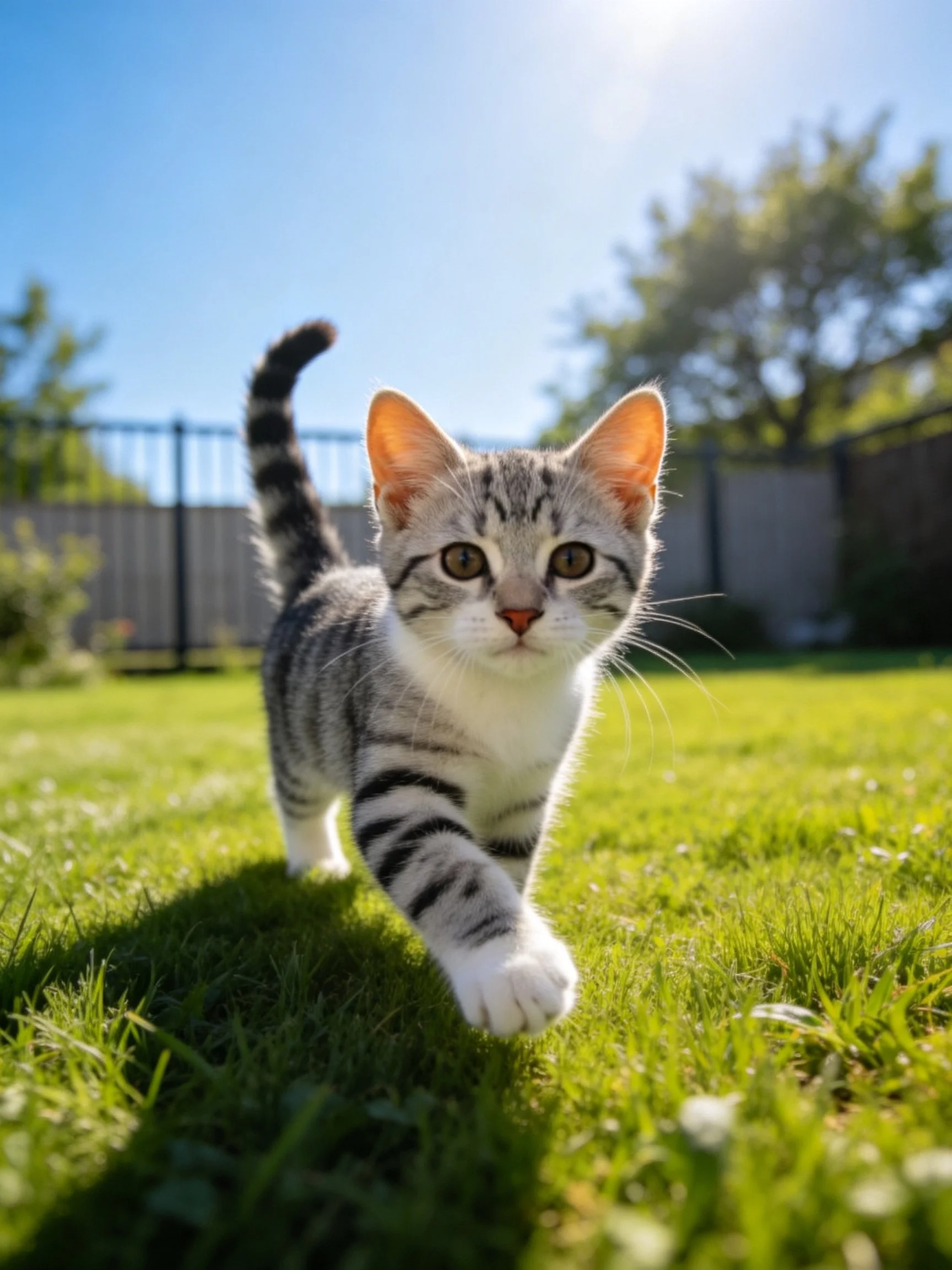 A young tabby kitten walks toward the viewer on vibrant grass under sunny skies.