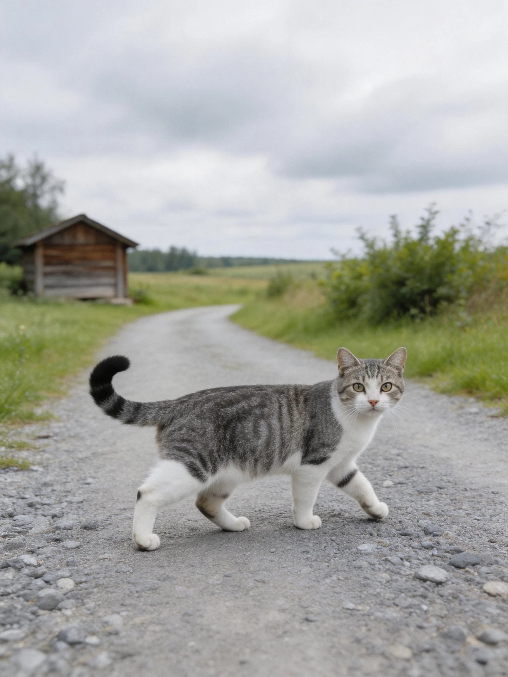 A gray and white tabby cat crossing a gravel road near a wooden shed