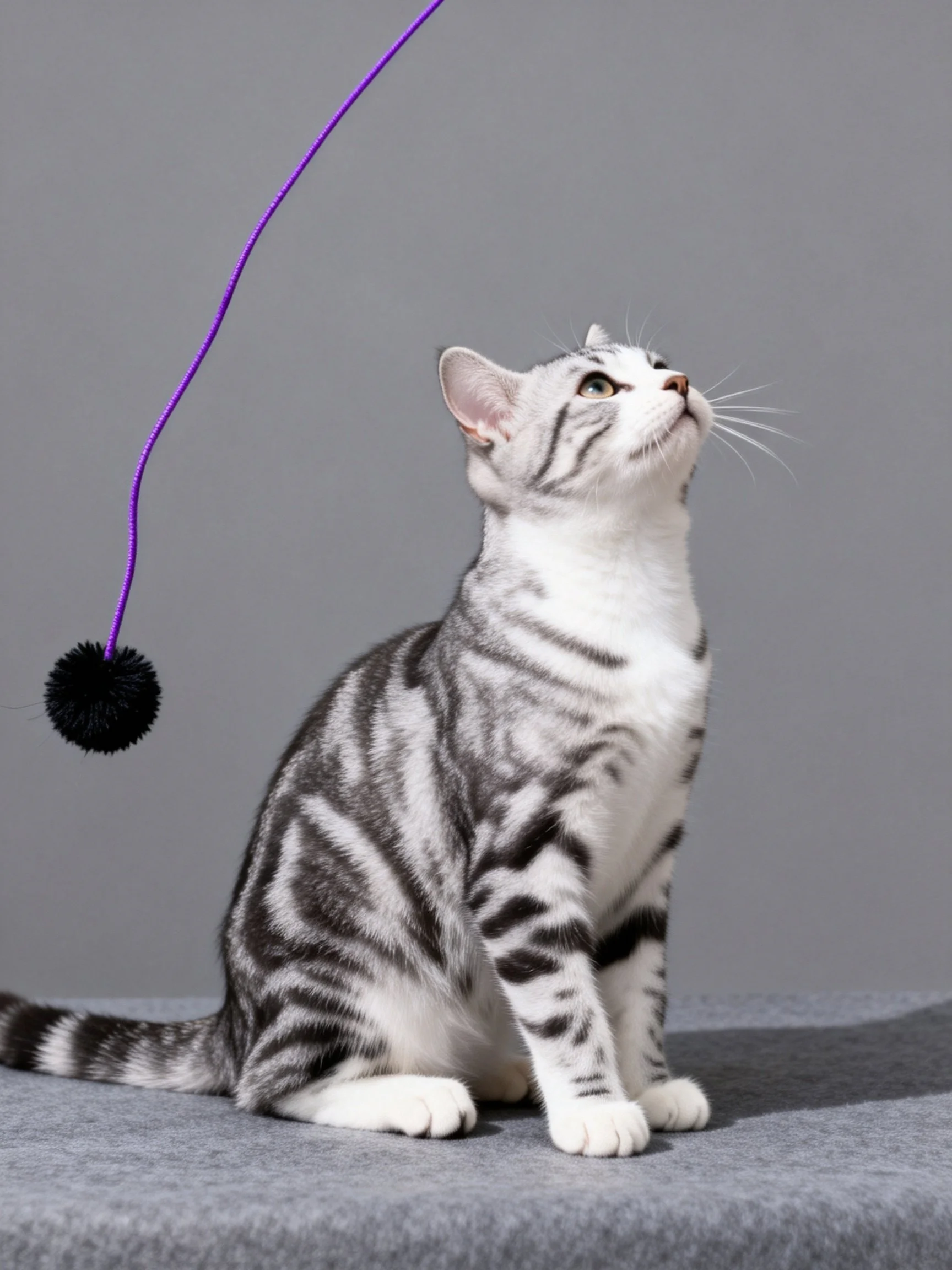 A gray and white tabby cat sits and gazes at a purple string toy.