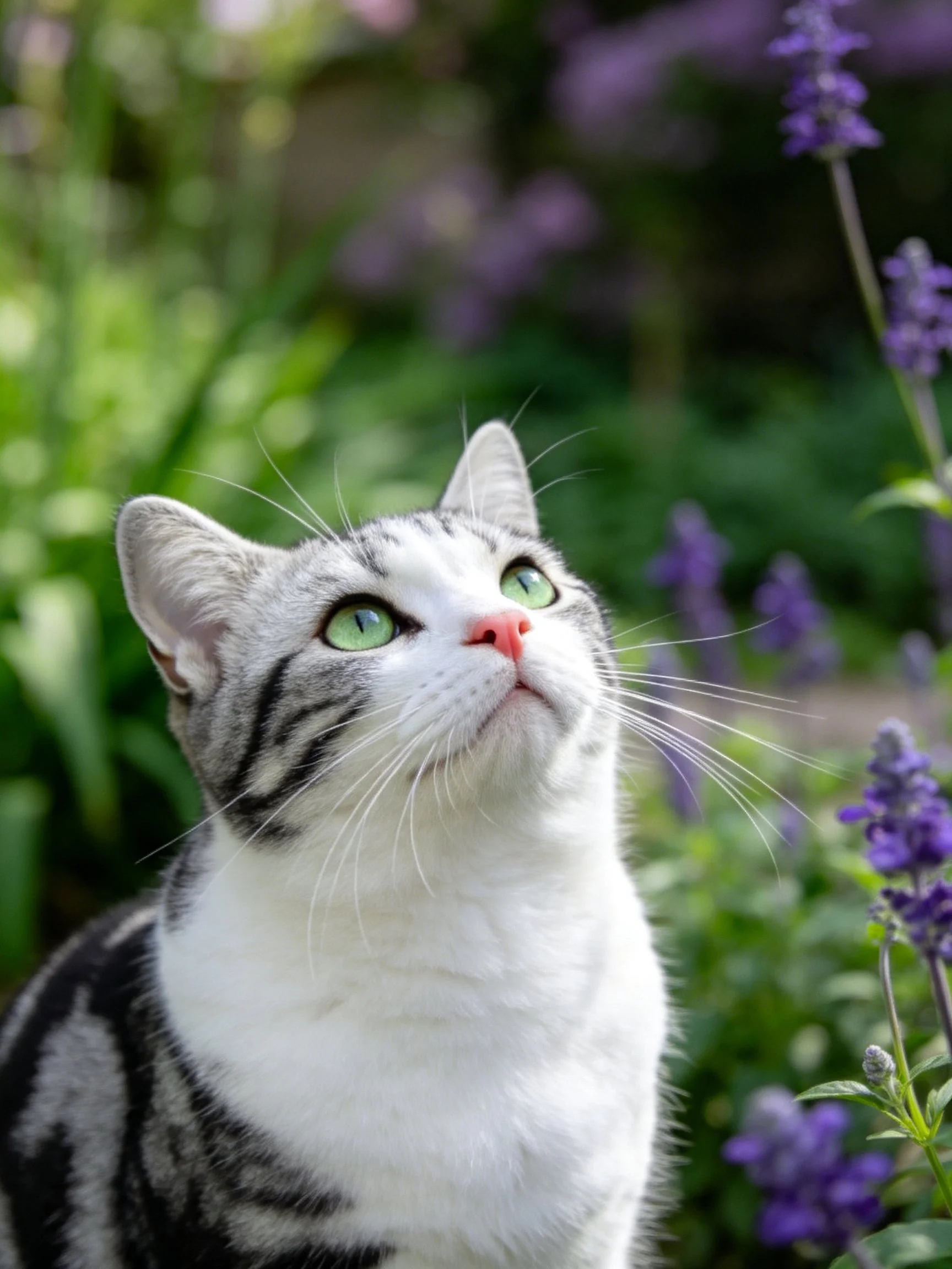 A gray-and-white tabby cat looks upward among lush greenery and purple blooms.