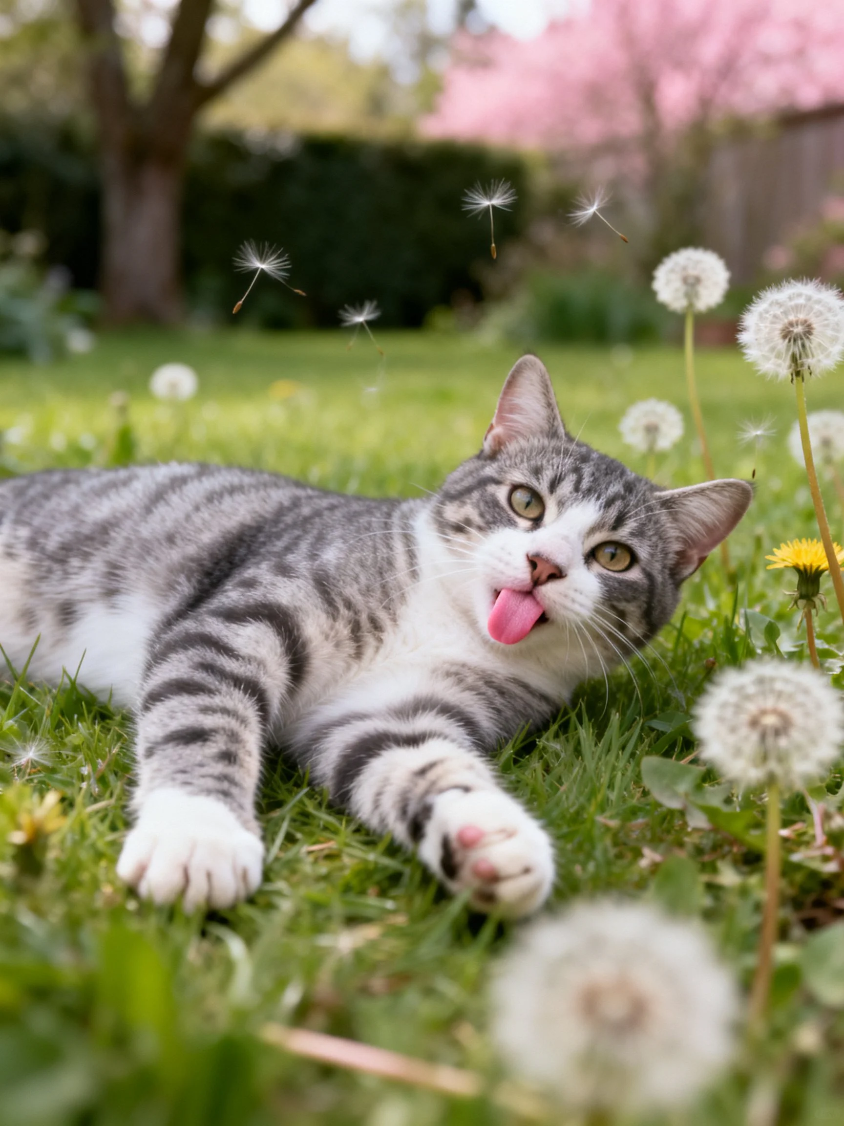 A gray-and-white tabby cat lounges among dandelions in a sunny garden