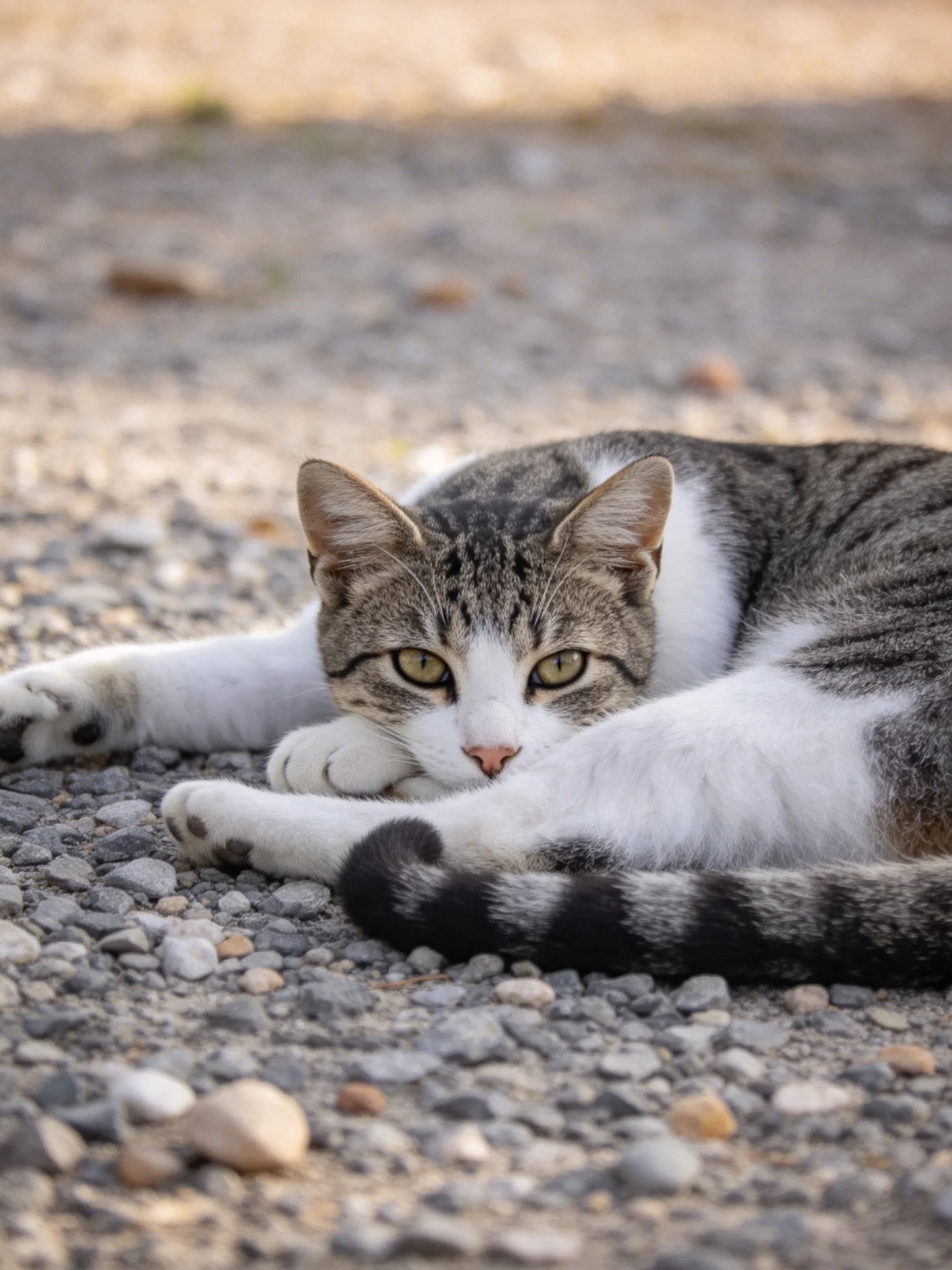 A gray and white tabby cat lounges on a gravel path