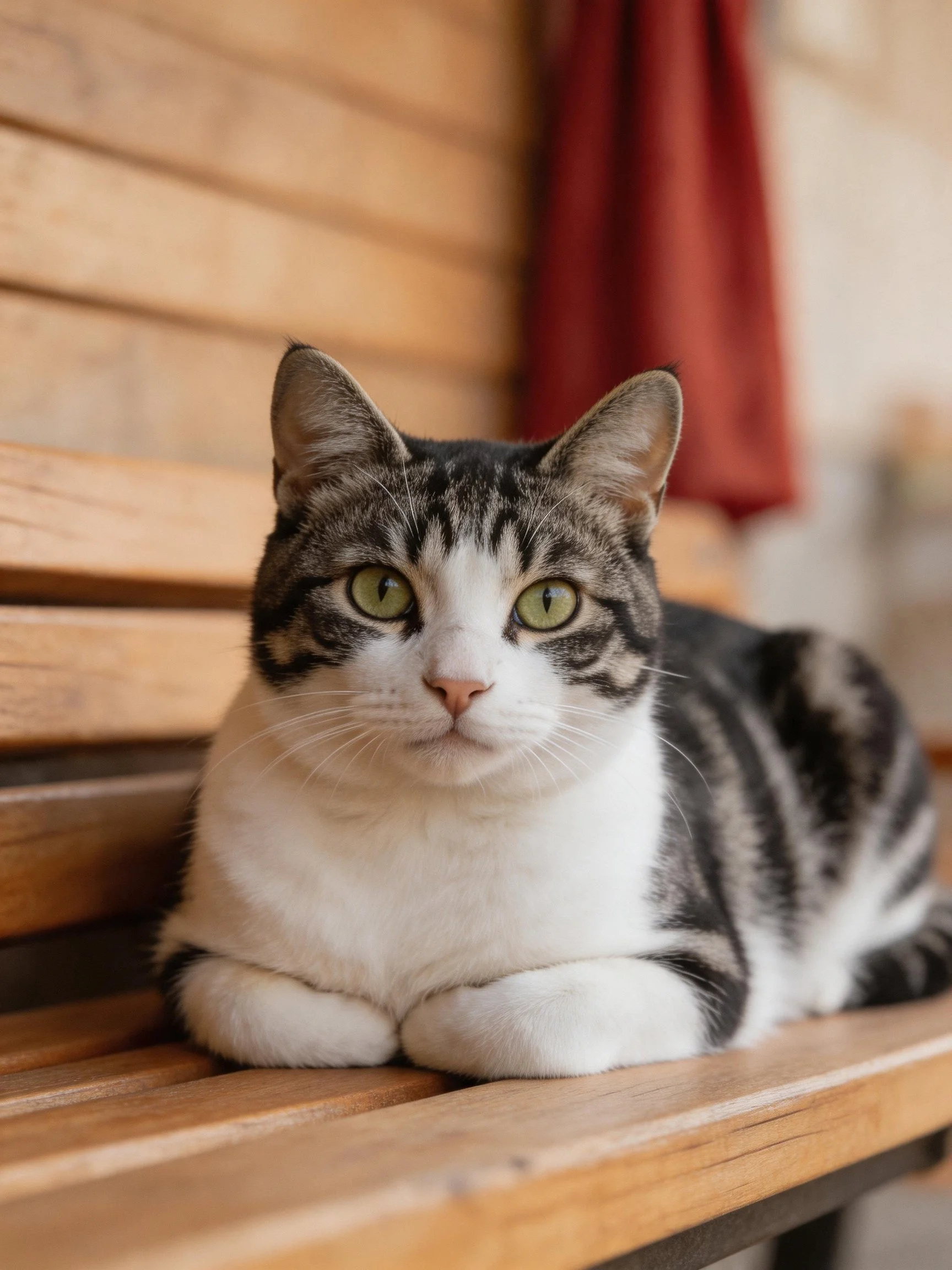 A gray and white tabby cat lounges on a wooden bench beside a red curtain.