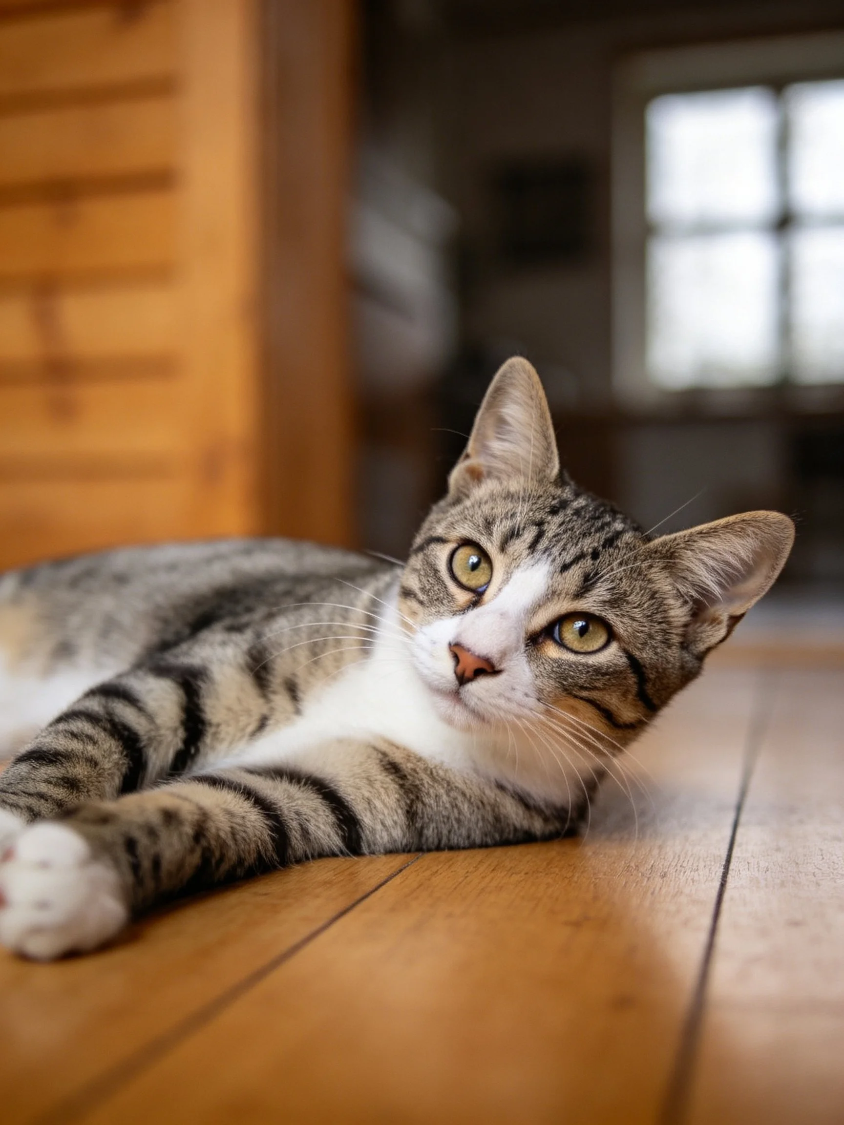 A gray and white tabby cat lounges on a wooden floor indoors