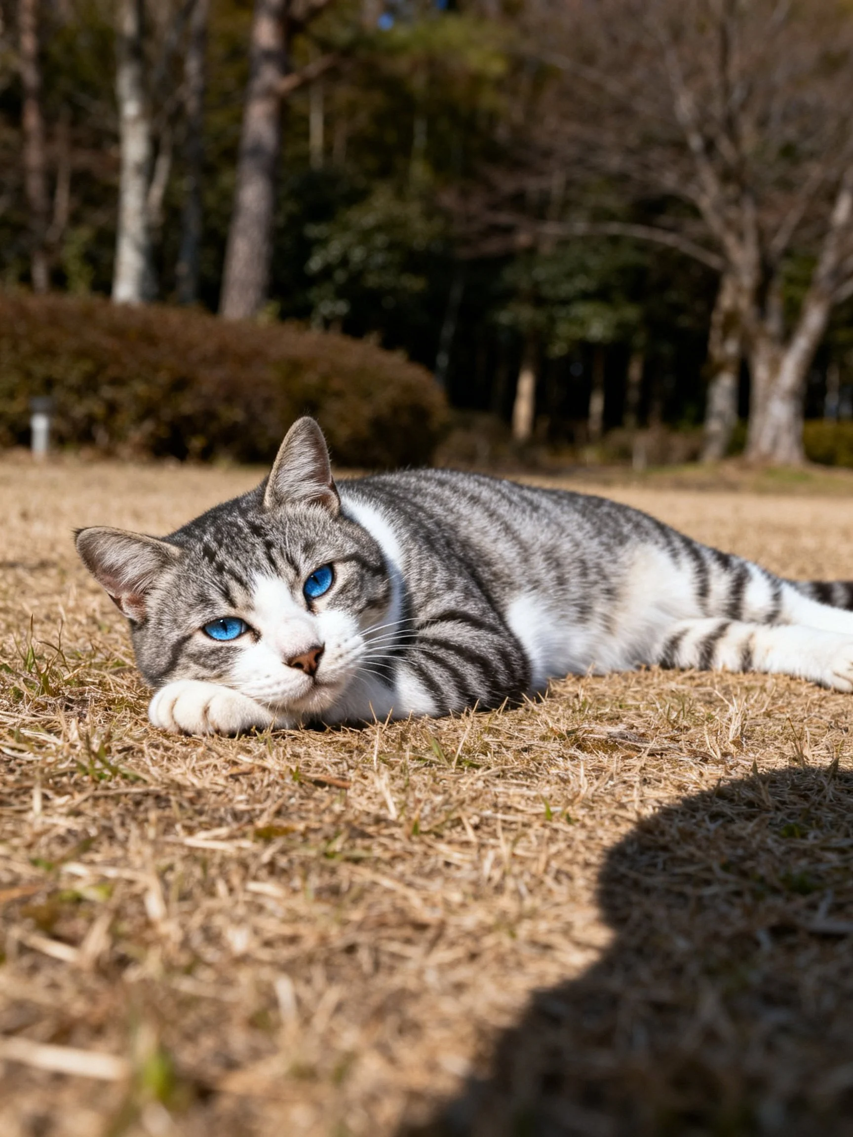 A gray and white tabby cat lounges on dry grass near trees