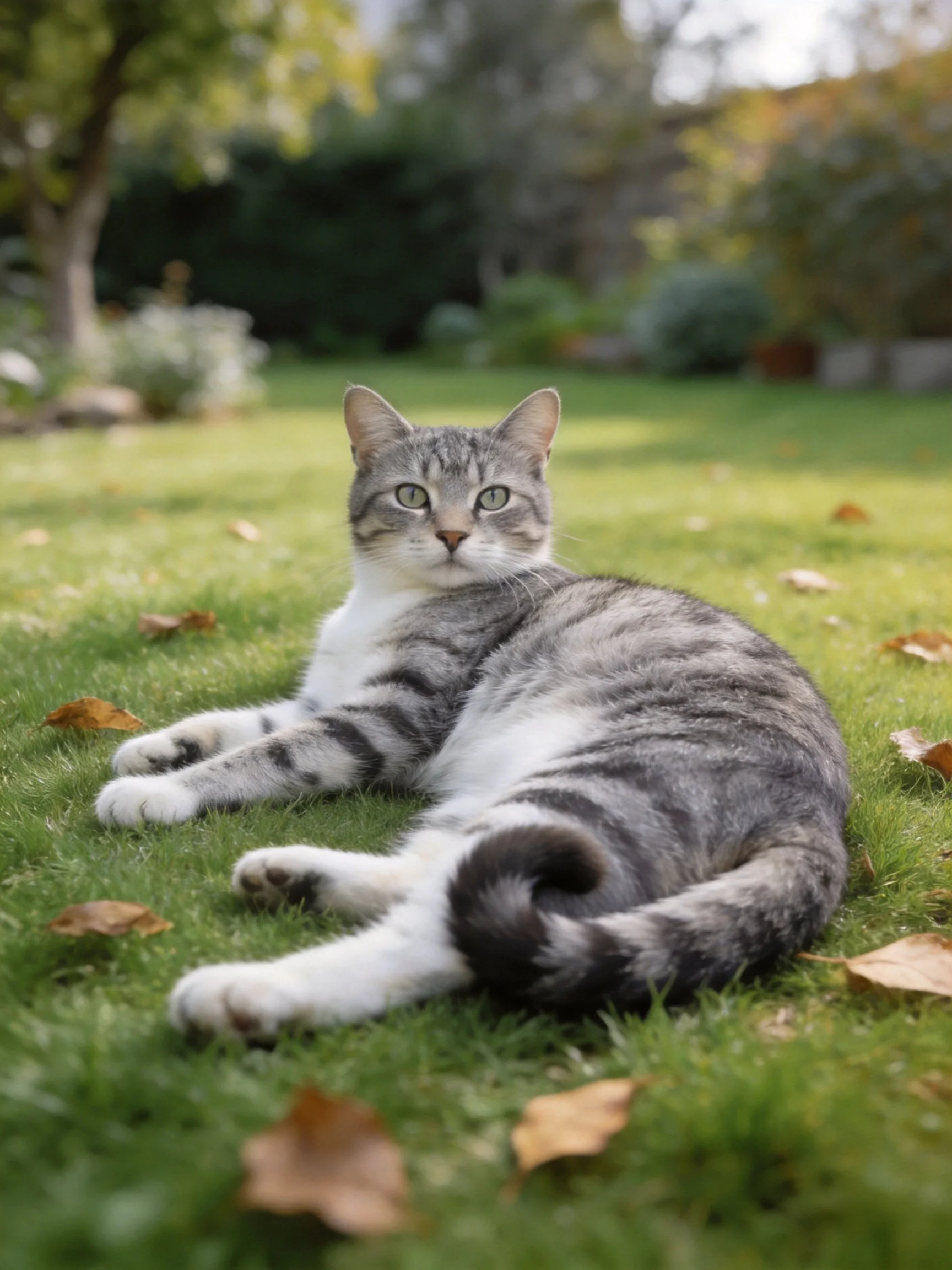 A gray and white tabby cat lounging among scattered autumn leaves