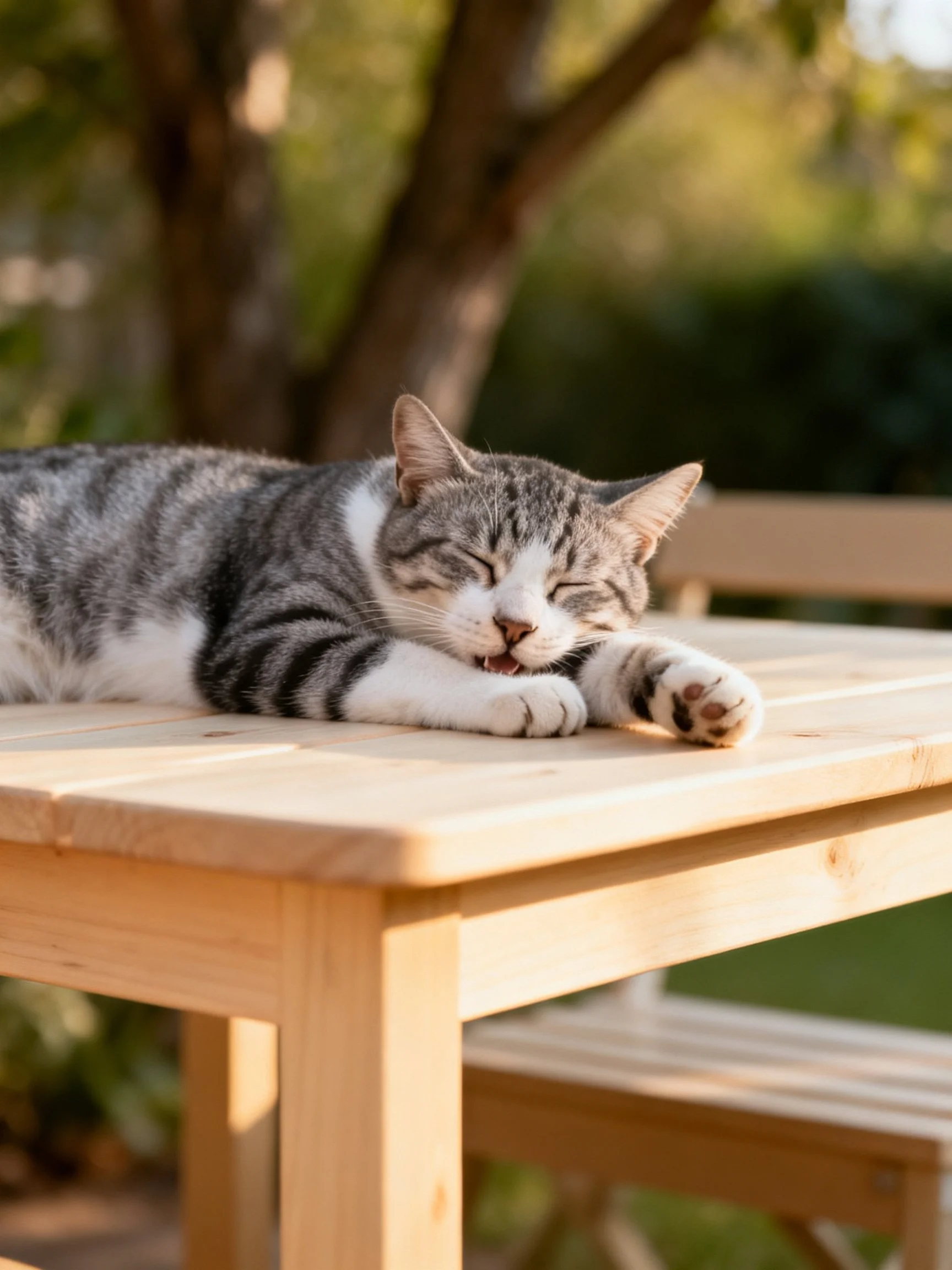 A gray and white tabby cat napping on a wooden outdoor table