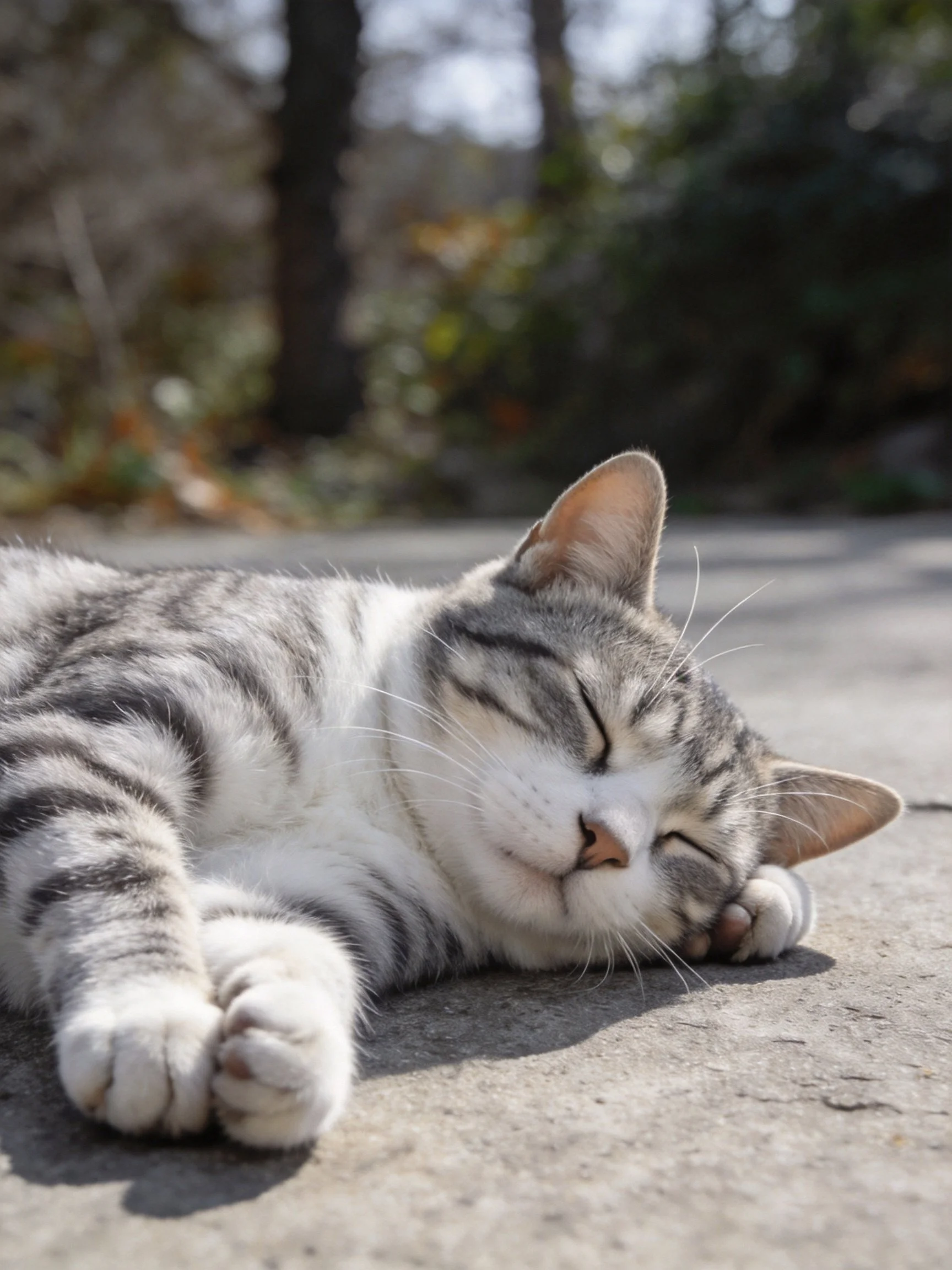 A gray and white tabby cat sleeps peacefully on pavement outdoors.