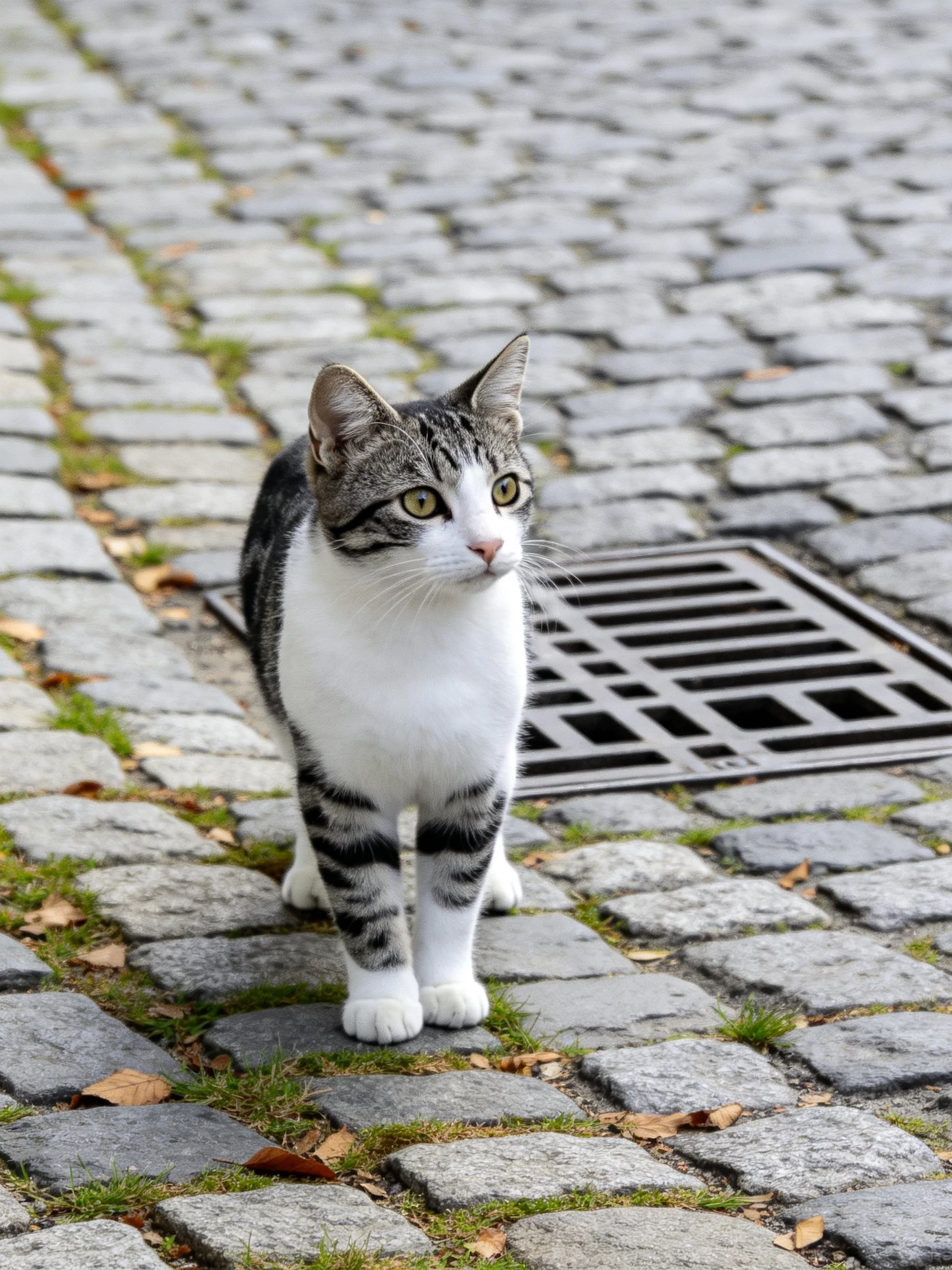 A gray and white tabby cat on a cobblestone path near a metal grate