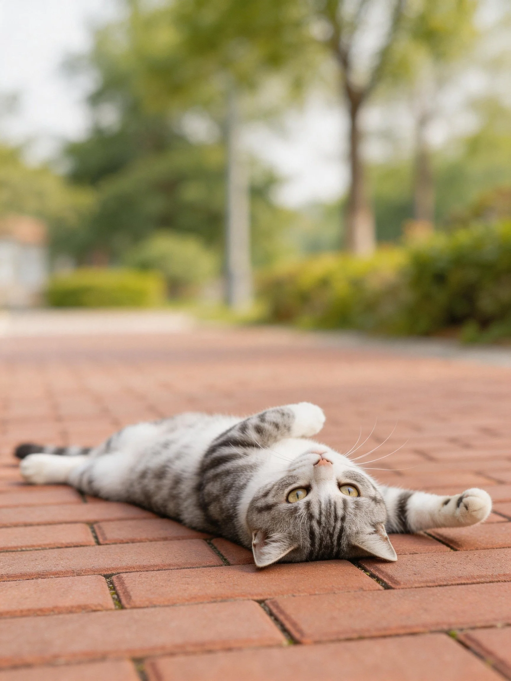 A gray and white tabby cat relaxes on a brick pathway in an outdoor setting