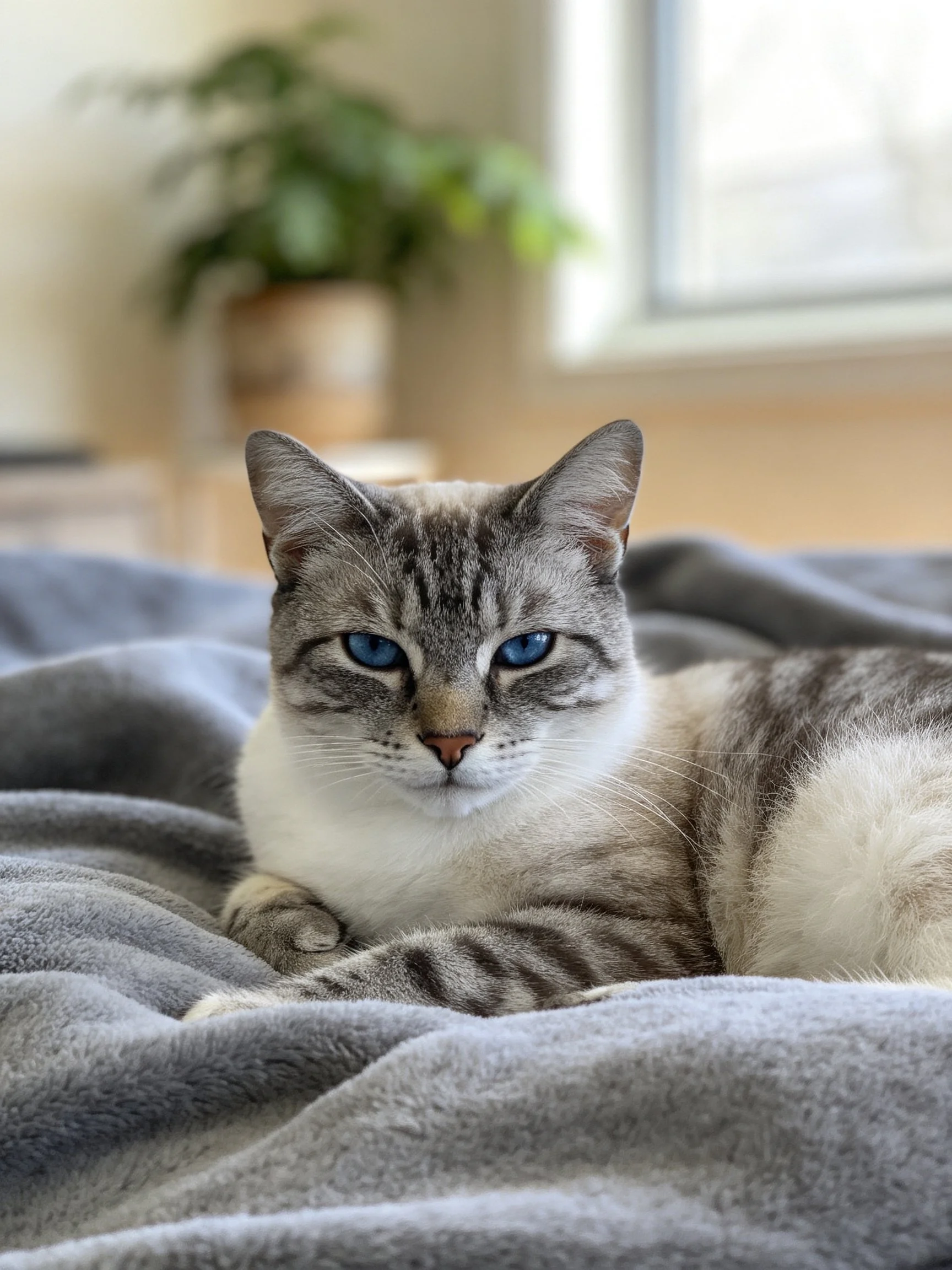 A gray and white tabby cat relaxes on a soft gray blanket with indoor plants