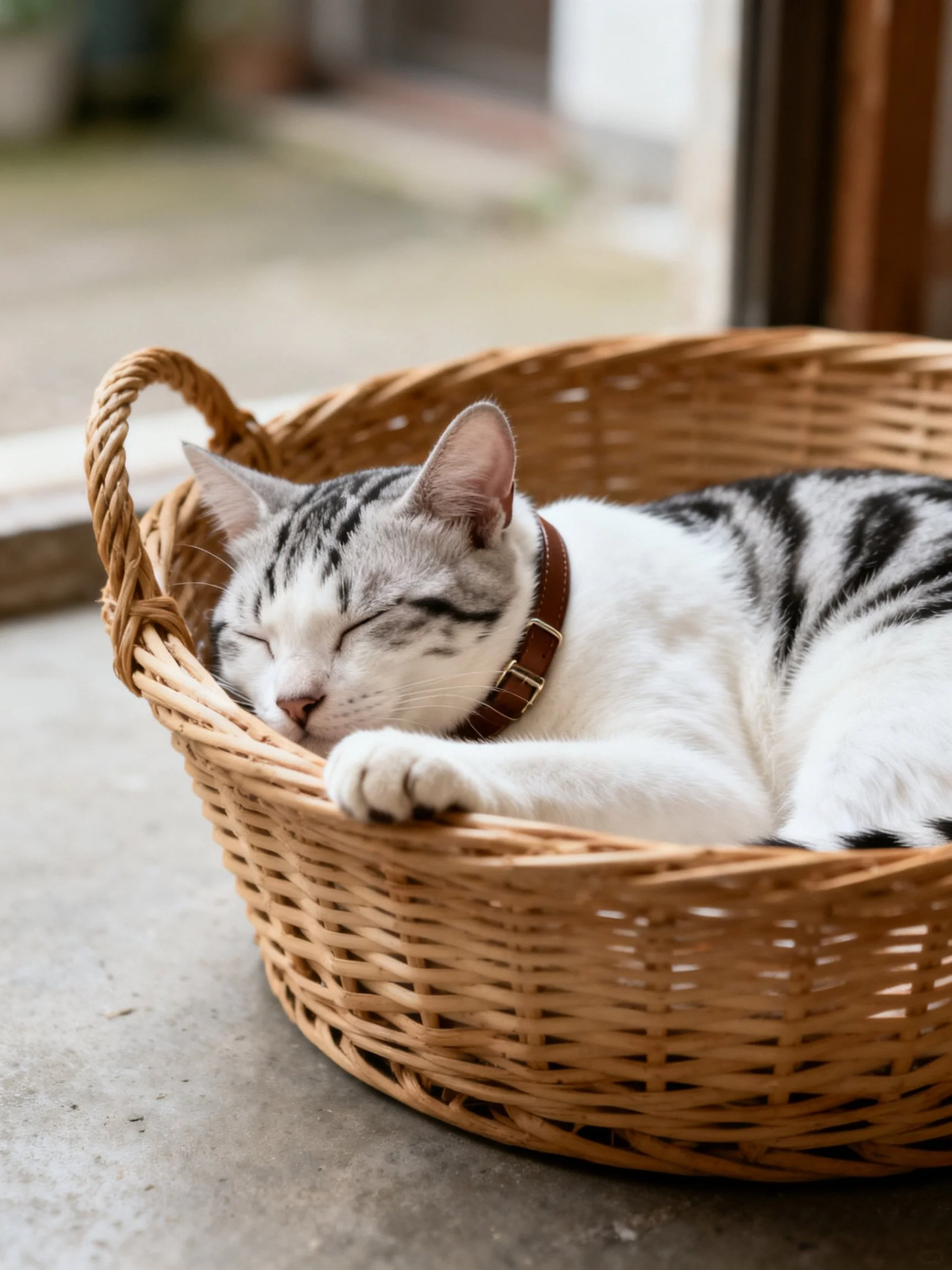 A gray and white tabby cat resting in a woven wicker basket