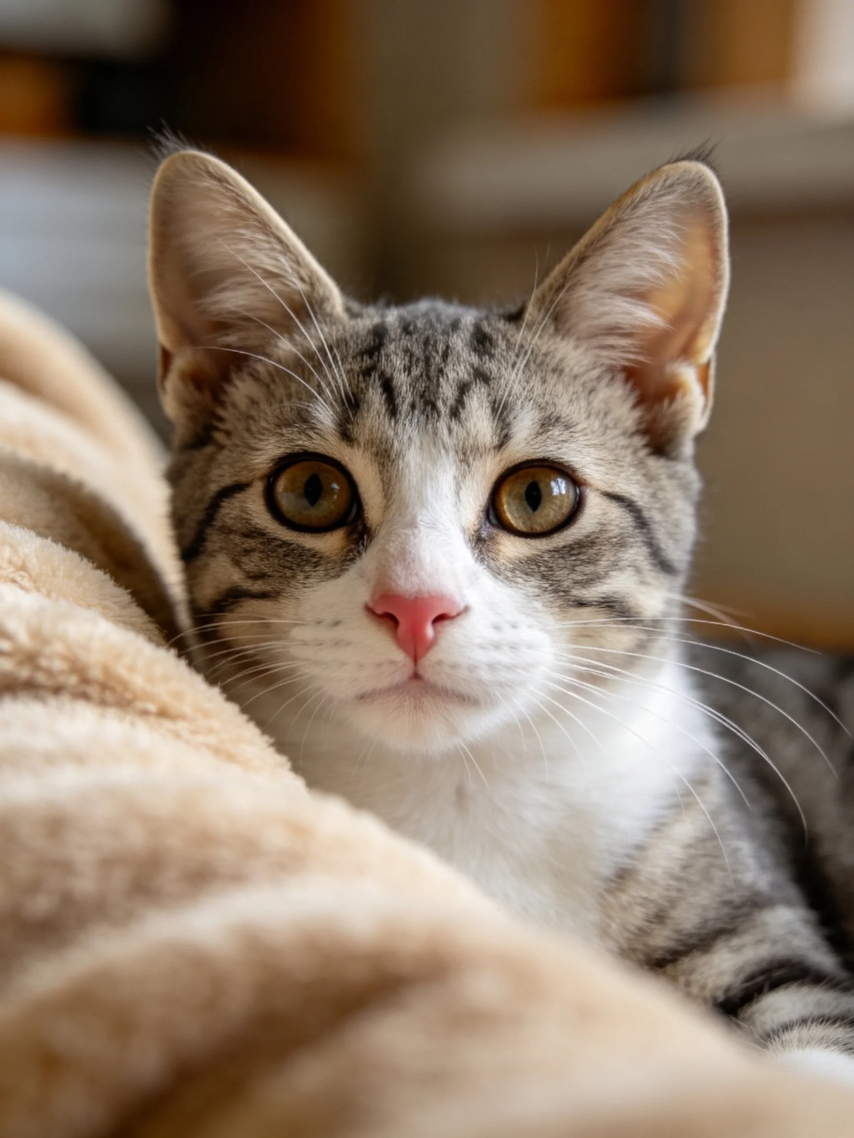A gray and white tabby cat resting near a beige blanket