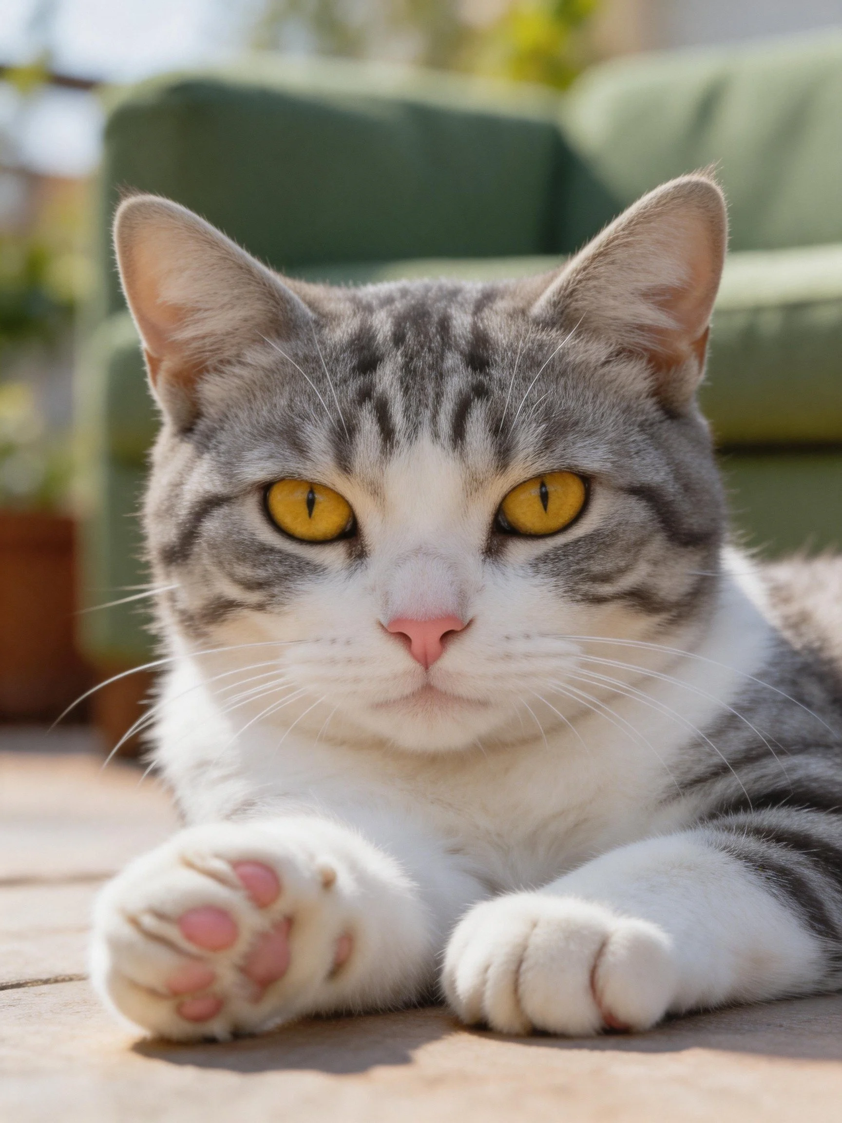 A gray and white tabby cat resting near a green sofa