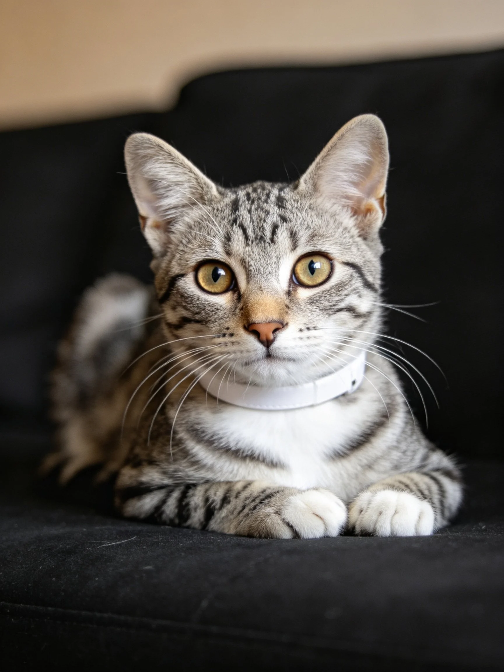 A gray and white tabby cat resting on a black couch with a white collar