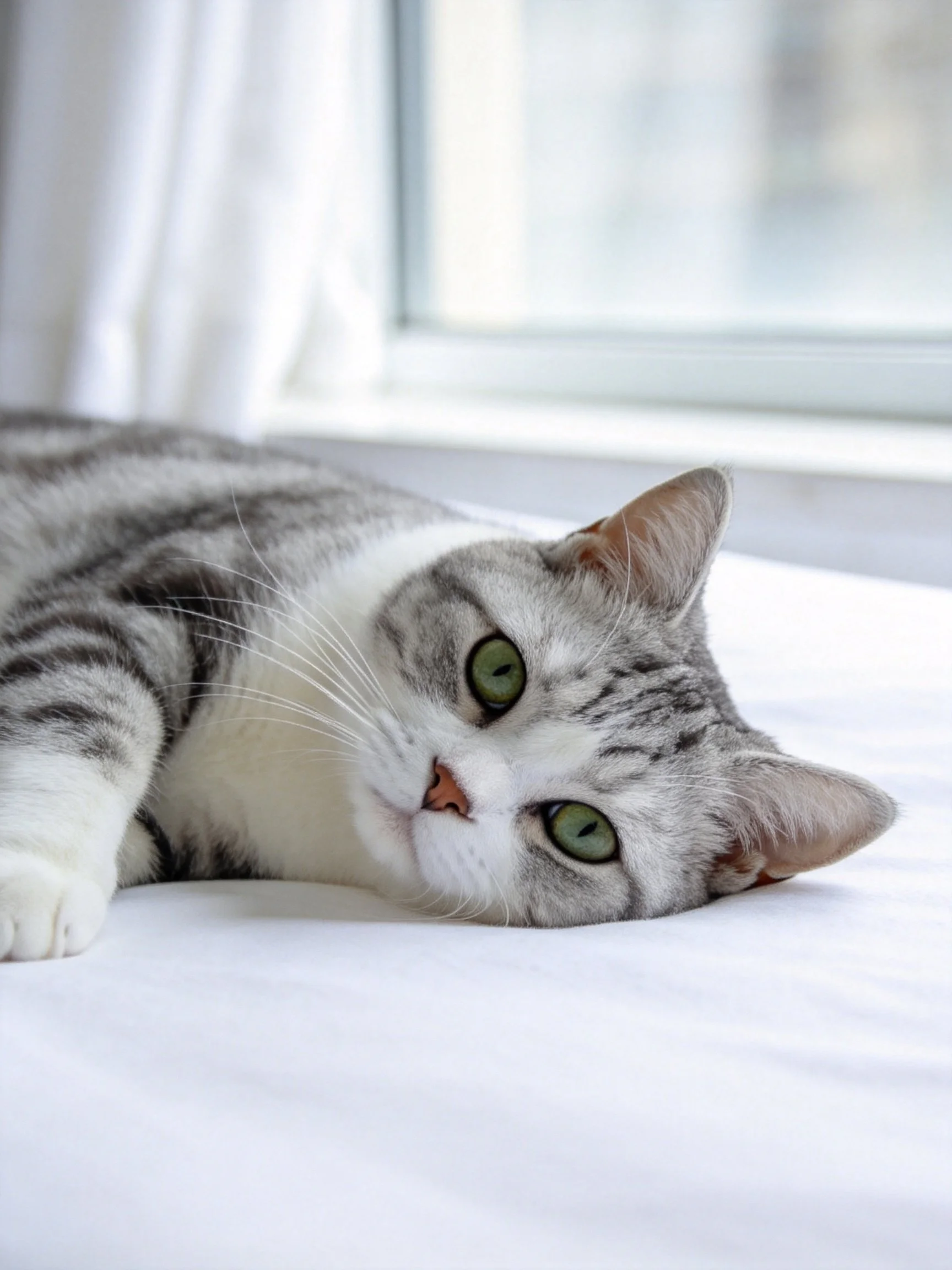 A gray and white tabby cat resting on a bright surface near a window