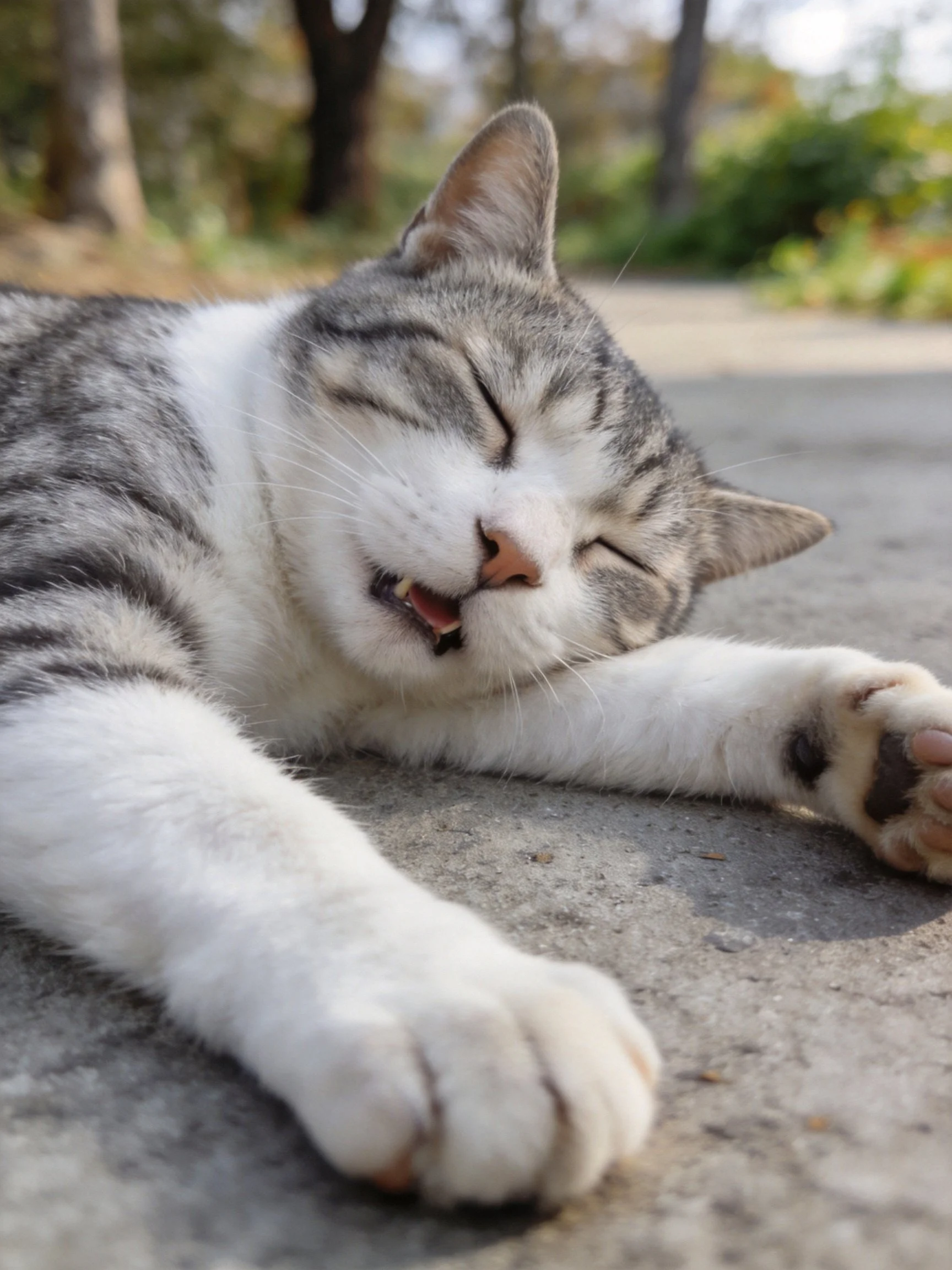 A gray and white tabby cat resting on a concrete path