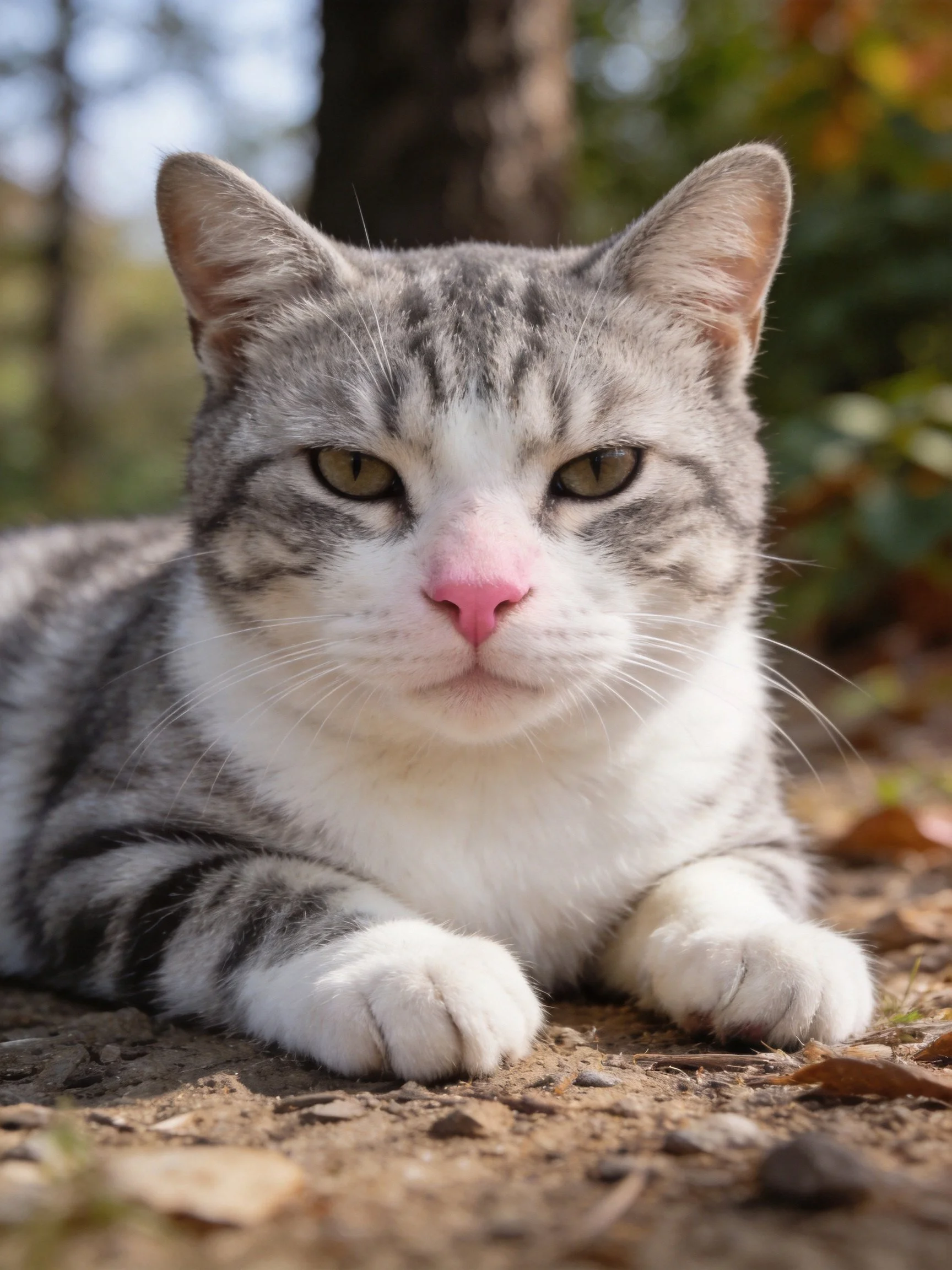 A gray and white tabby cat resting on a dirt path near trees