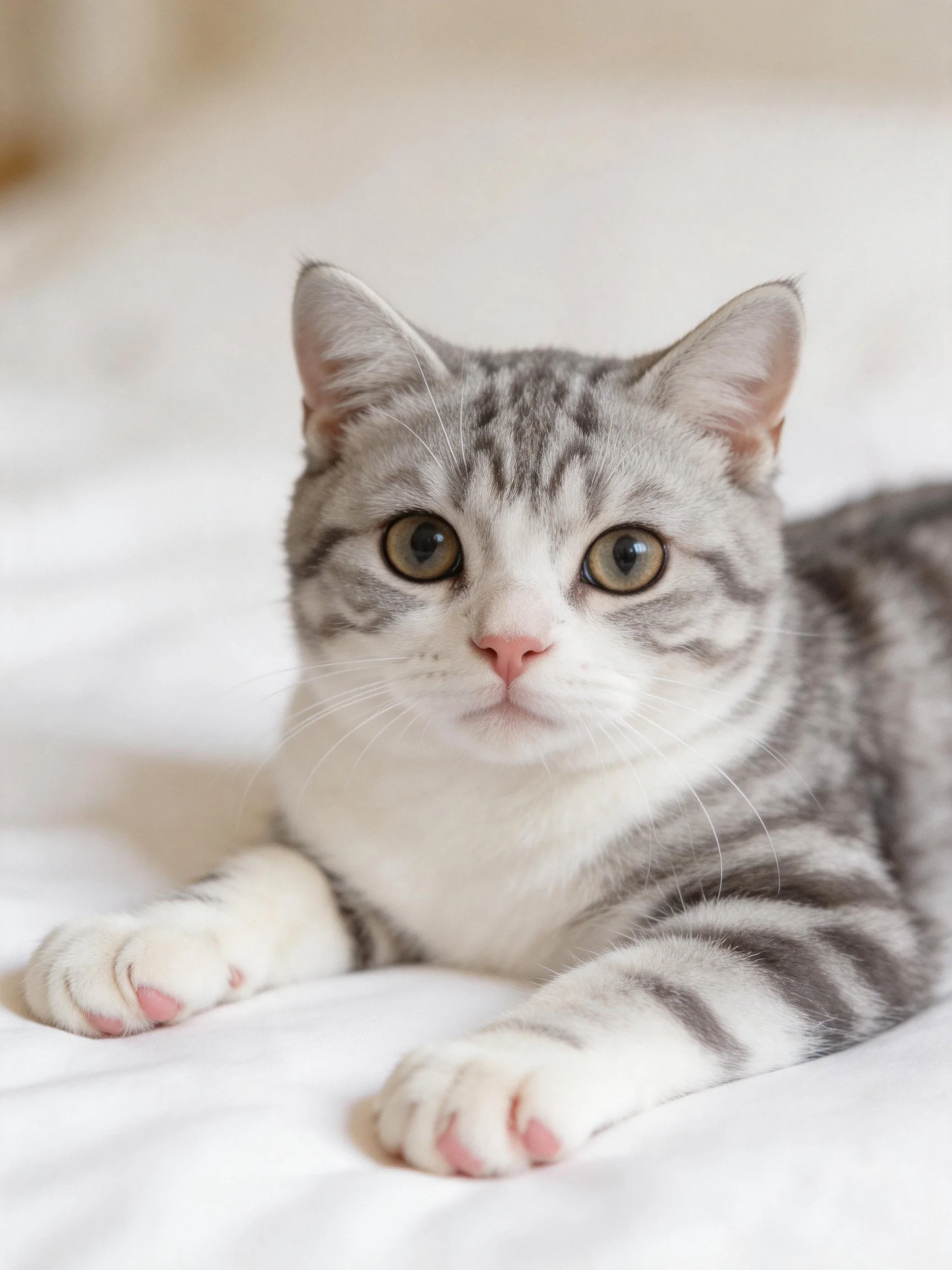 A gray and white tabby cat resting on a white bedspread