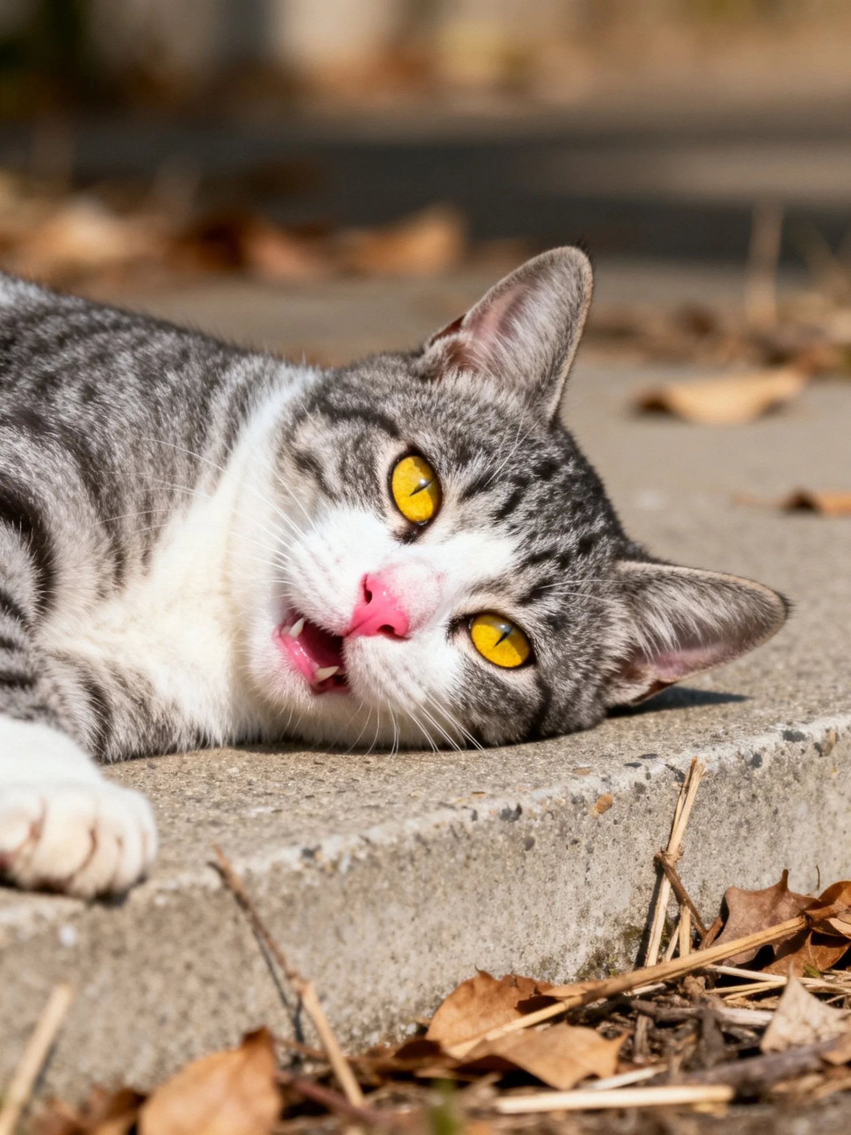 A gray and white tabby cat resting on concrete near fallen leaves
