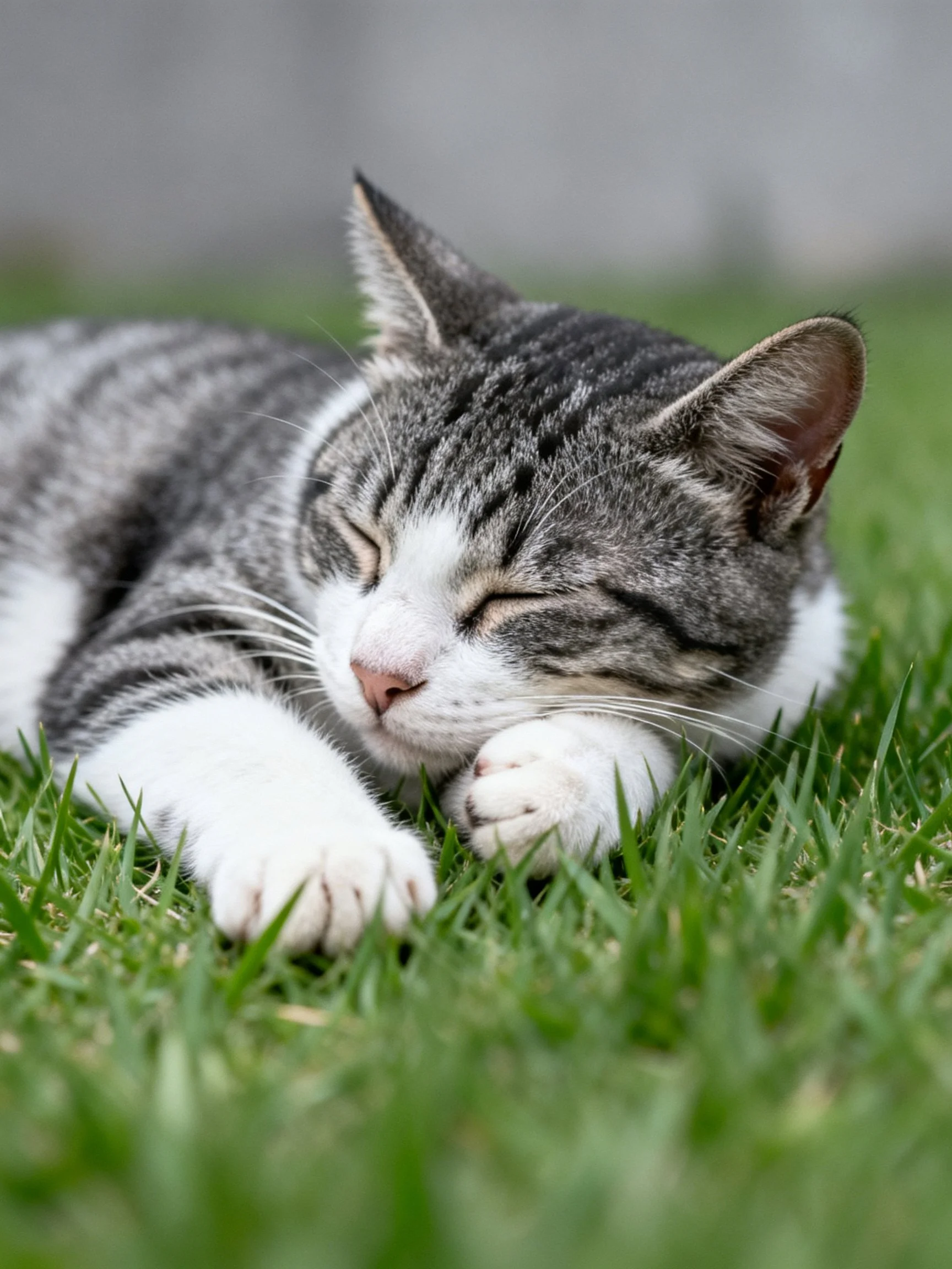 A gray and white tabby cat resting on green grass