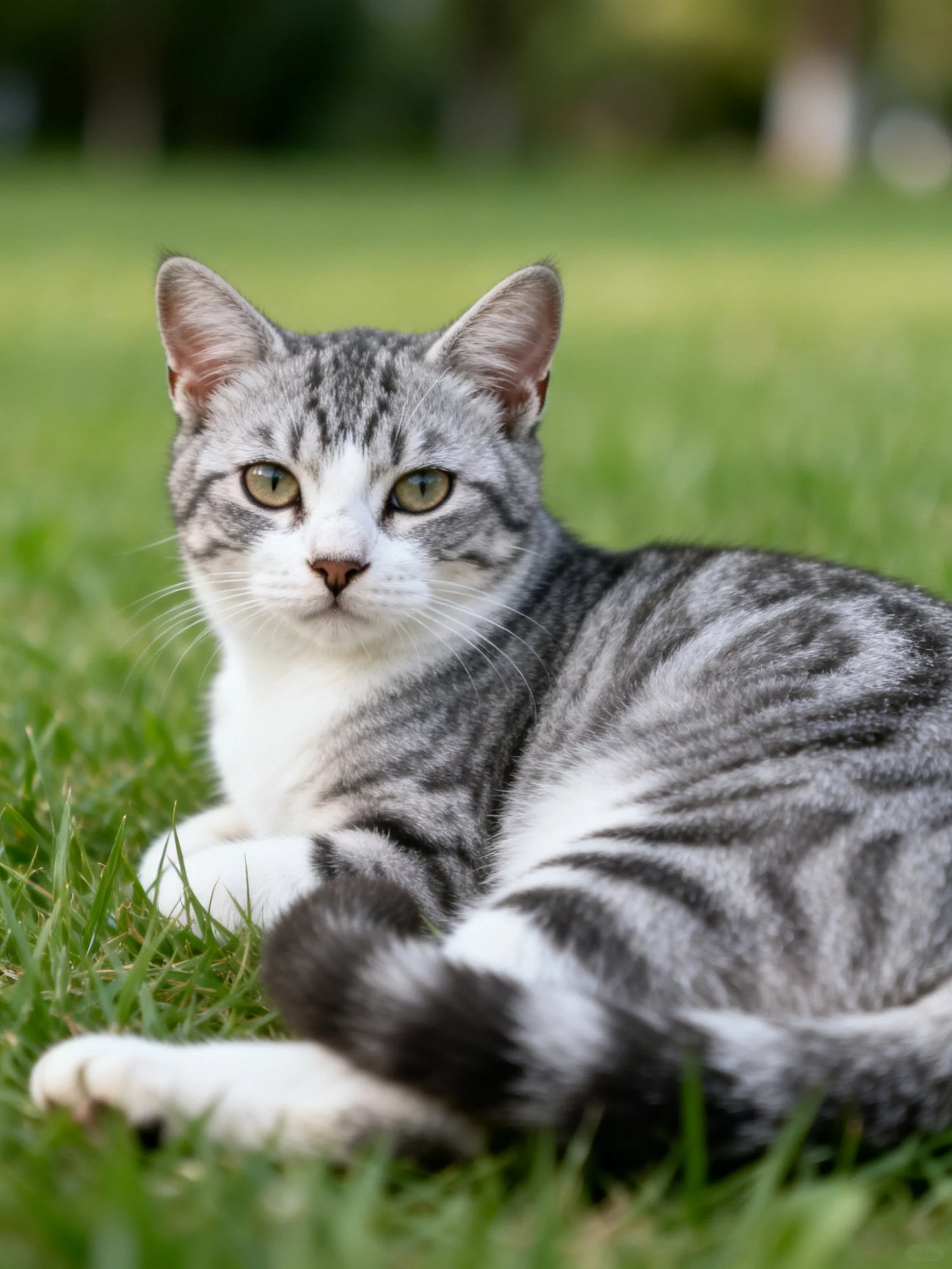 A gray and white tabby cat resting on lush green grass