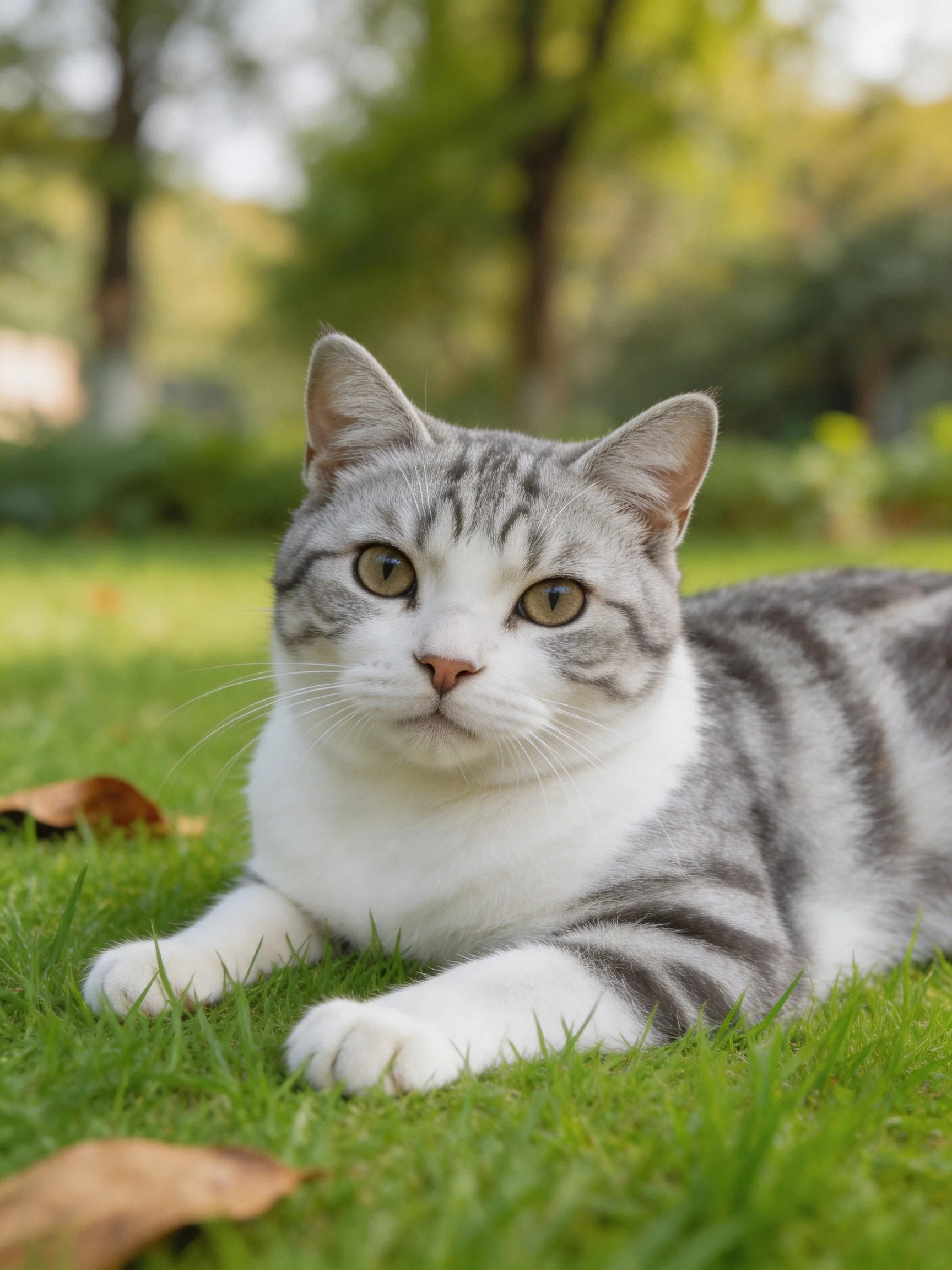 A gray and white tabby cat resting on lush green grass outdoors
