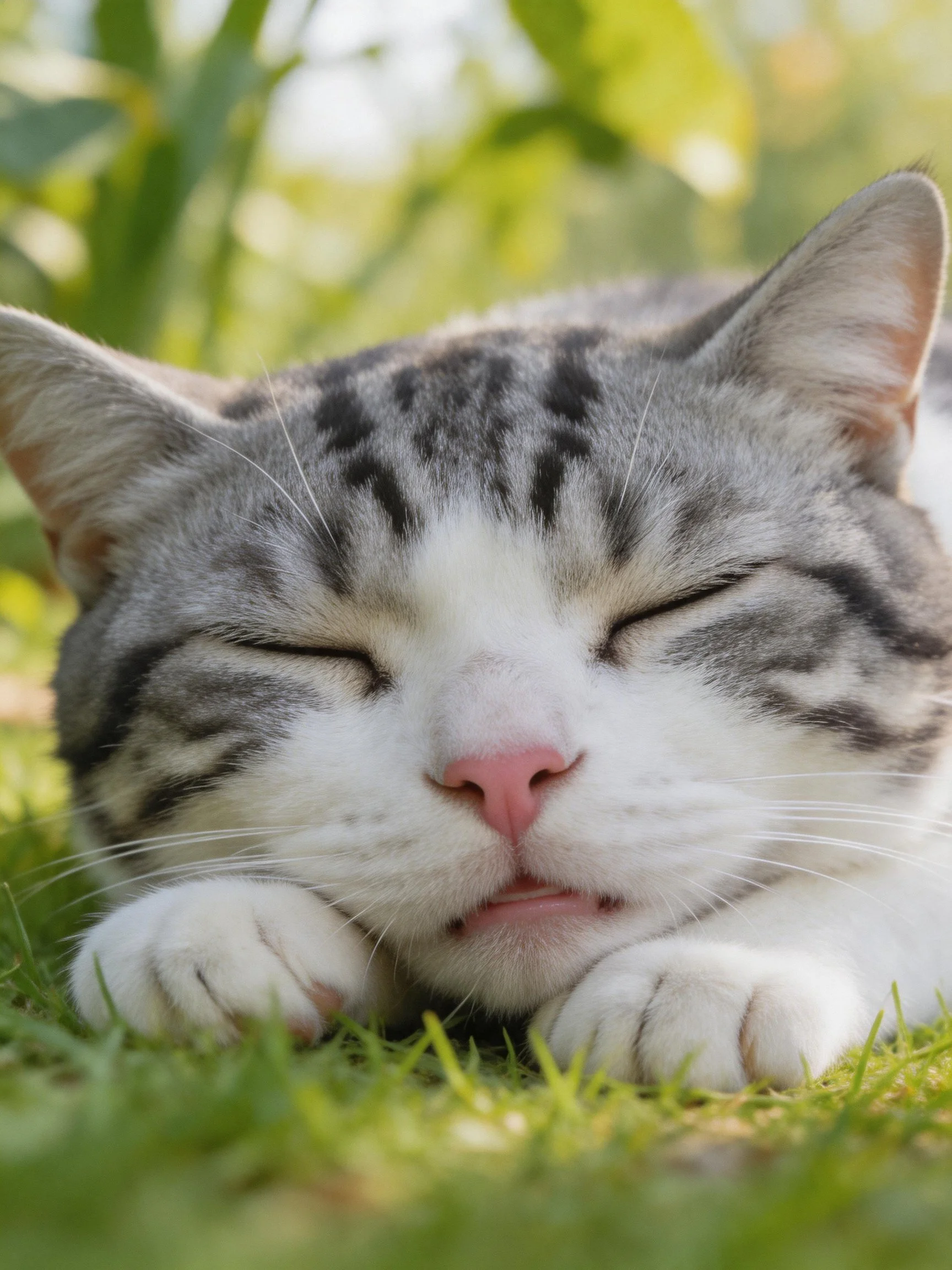 A gray and white tabby cat resting on soft green grass