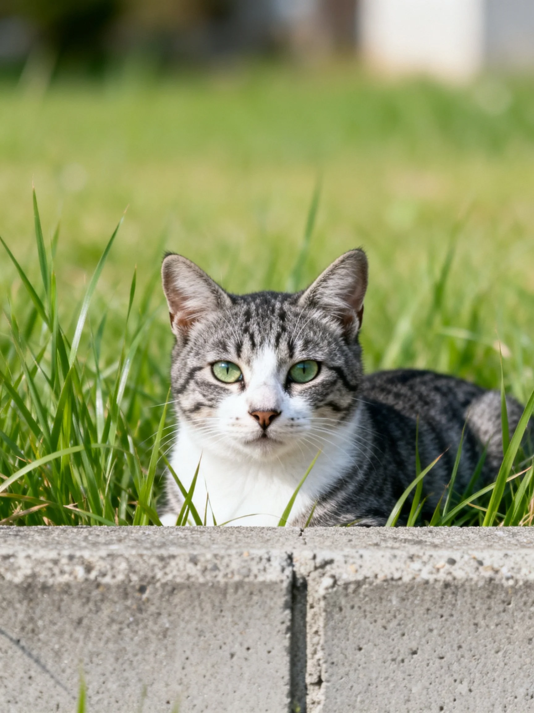 A gray-and-white tabby cat lies in tall grass next to a concrete structure