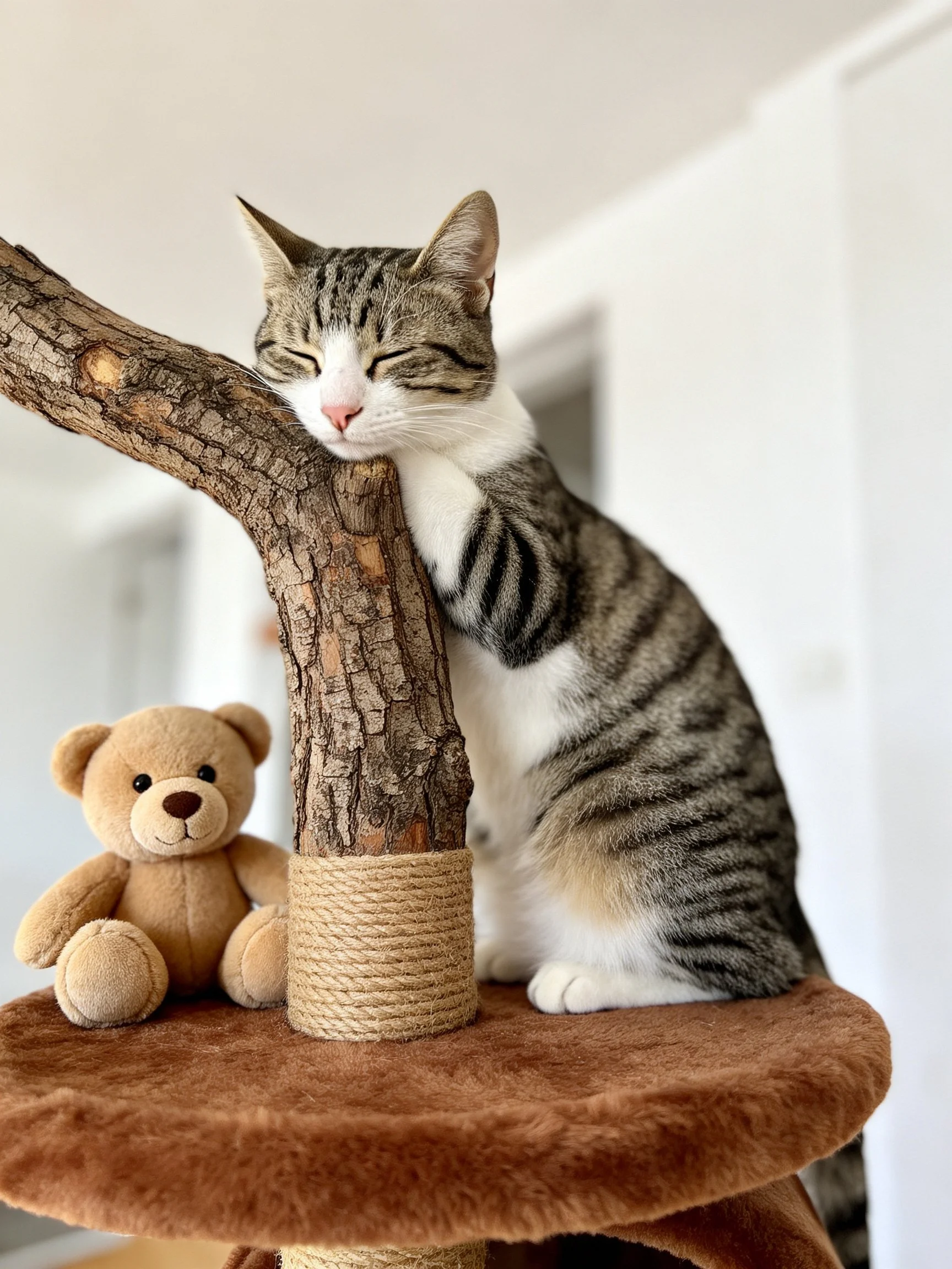 A tabby cat sits next to a teddy bear on a cat tree