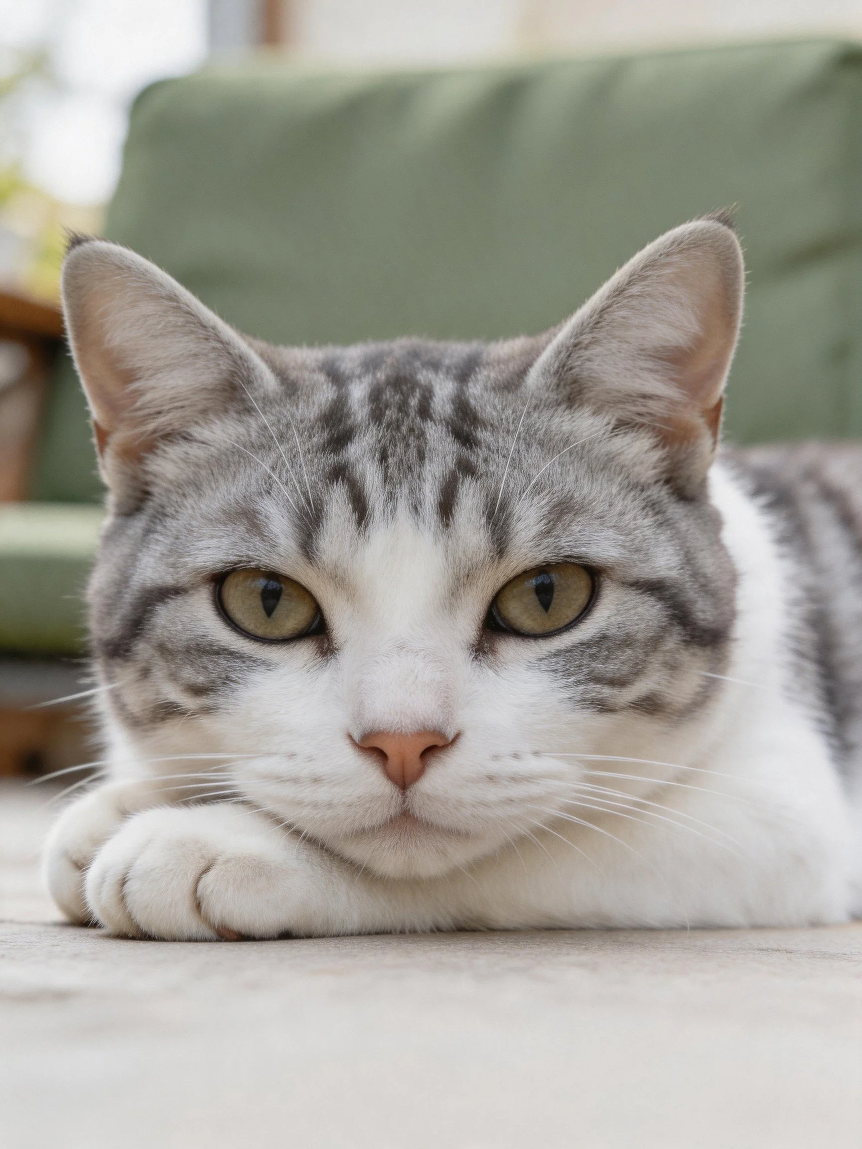 A gray and white tabby cat lies calmly near a green cushion