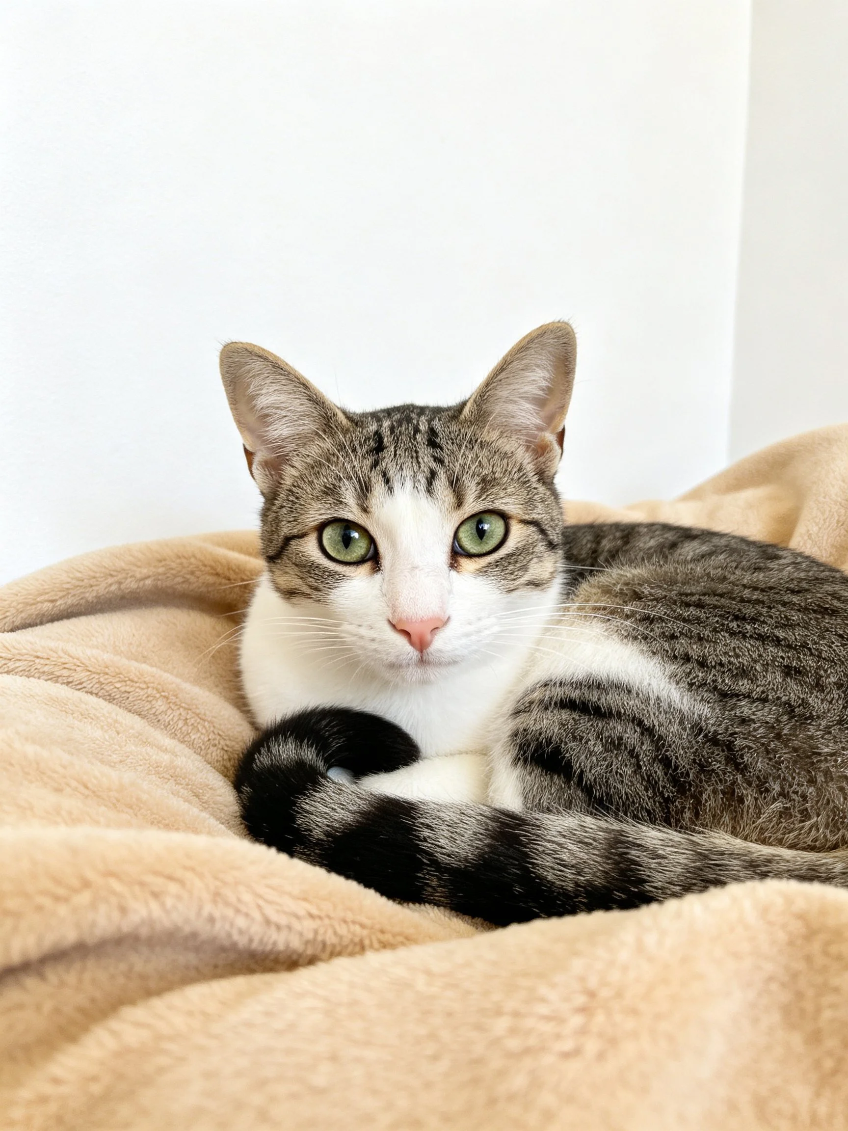 A gray-and-white tabby cat relaxes on a plush beige blanket