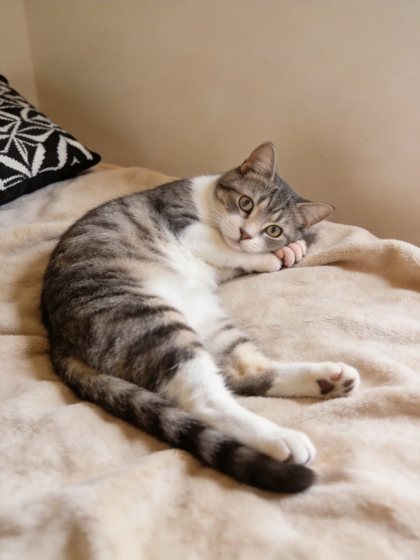 A gray and white tabby cat relaxes on a soft beige blanket next to a patterned pillow