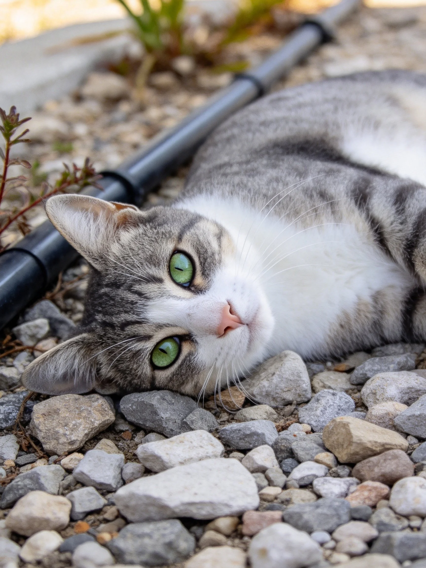 A gray-and-white tabby cat lies on pebbles next to a black tube outdoors.