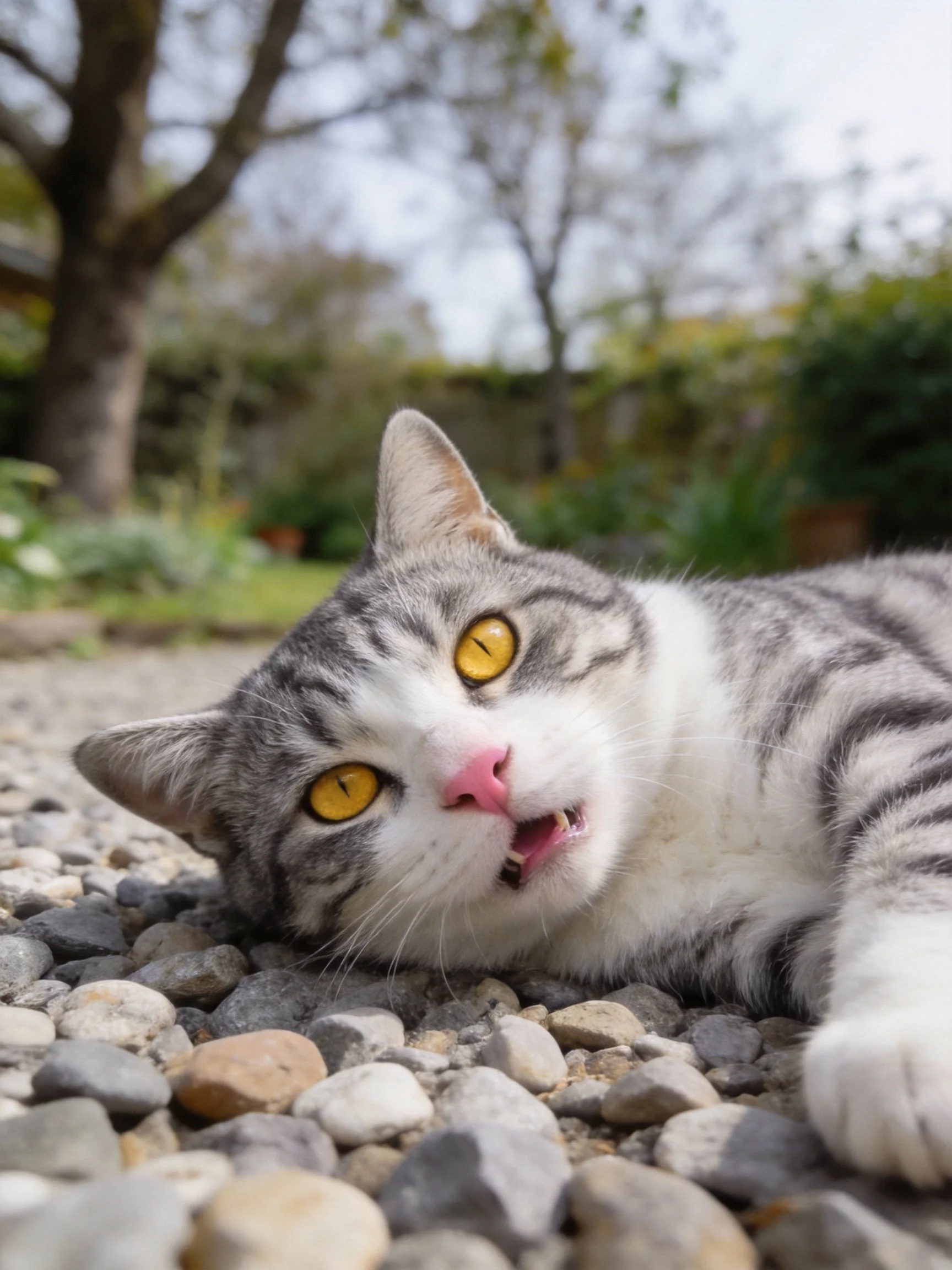 A gray and white cat relaxes on pebbles in a sunlit garden space.