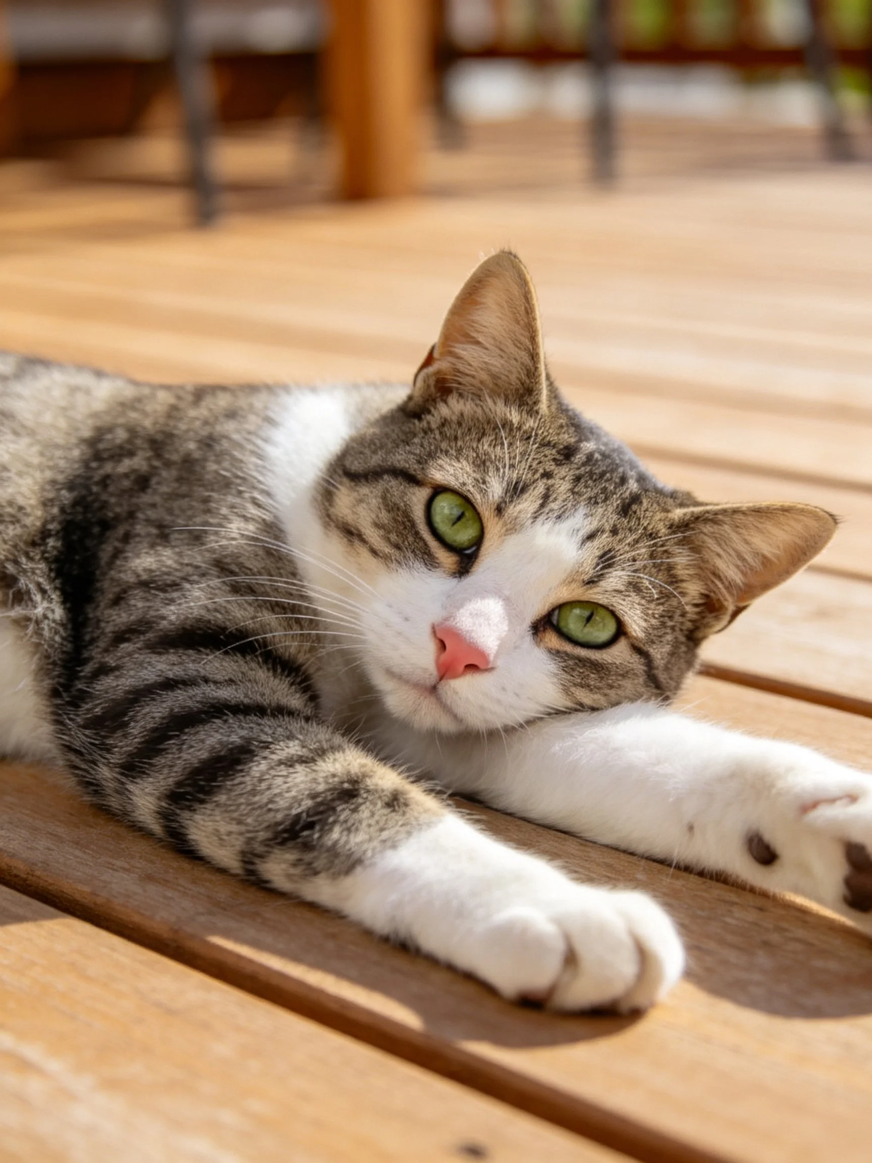 A gray and white tabby cat relaxes on wooden planks in natural light.