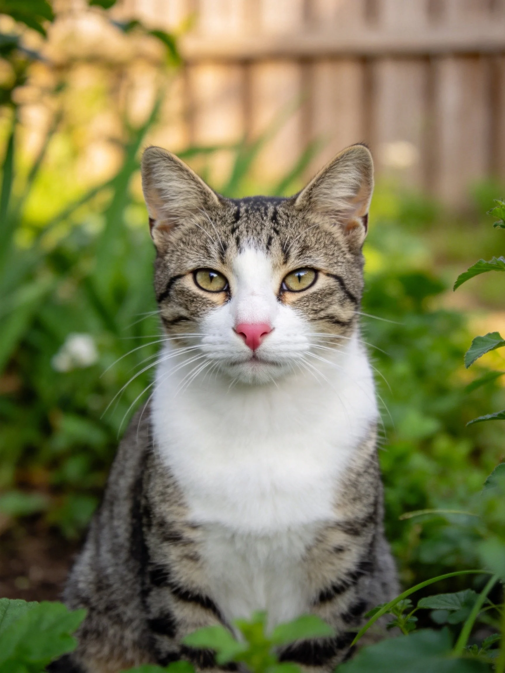 A gray and white tabby cat sits amid greenery with a wooden fence in the background