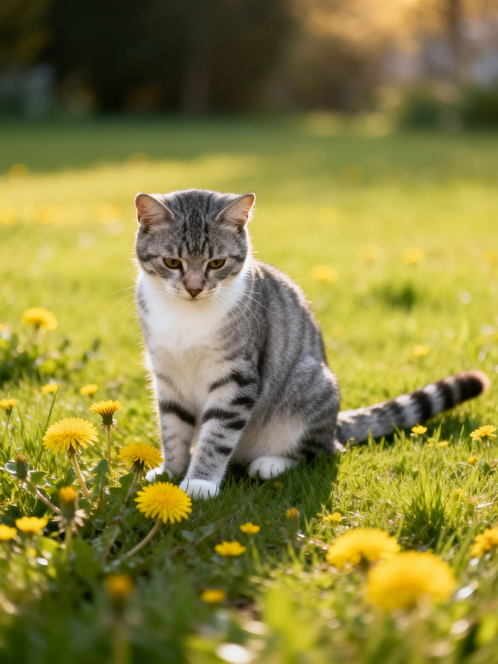 A gray and white tabby cat rests amid yellow flowers in a sunlit grassy area.
