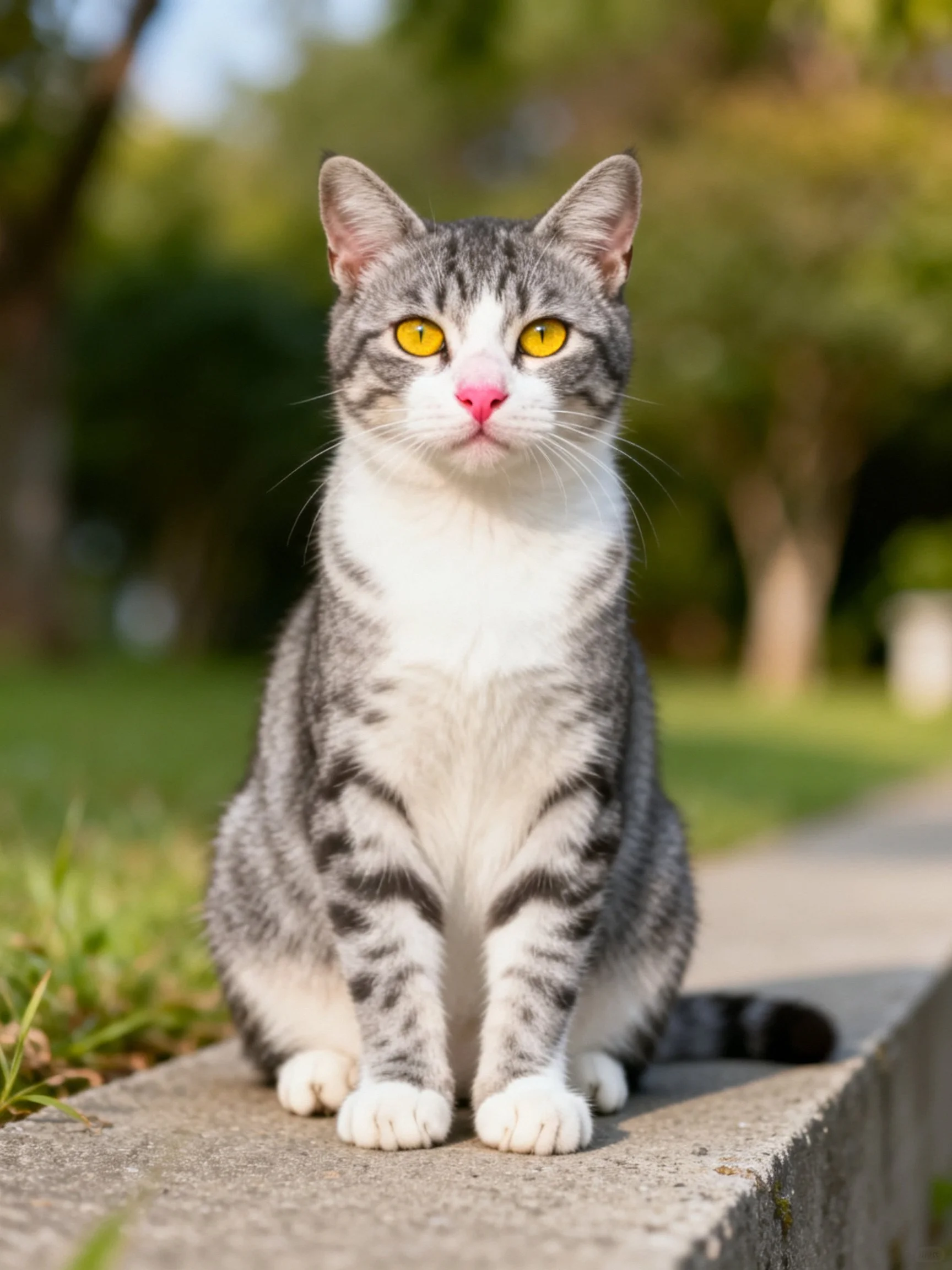 A gray and white tabby cat sits calmly on a concrete ledge in a sunlit outdoor area.