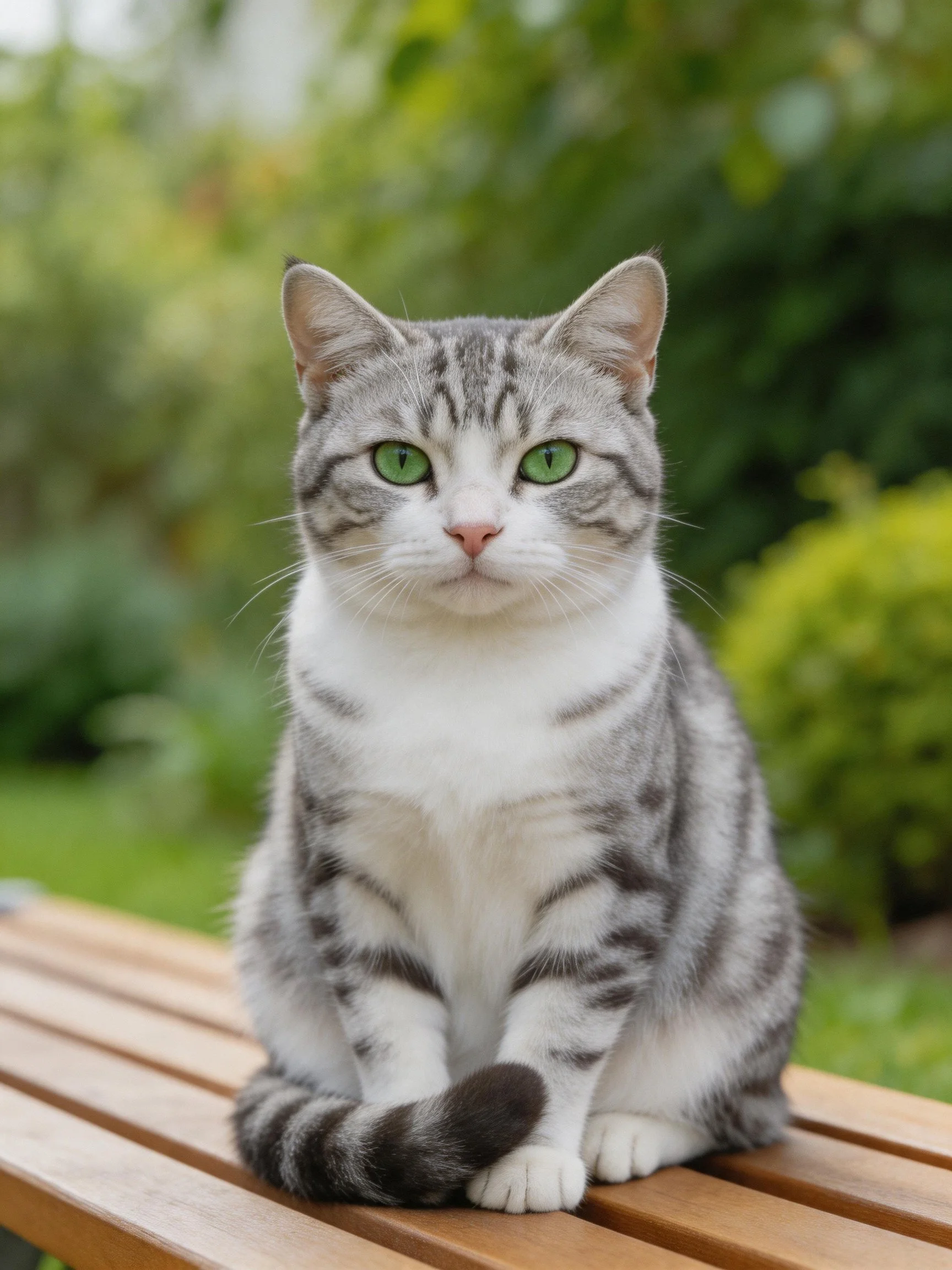 A gray and white tabby cat sits calmly on a wooden bench in a lush garden.